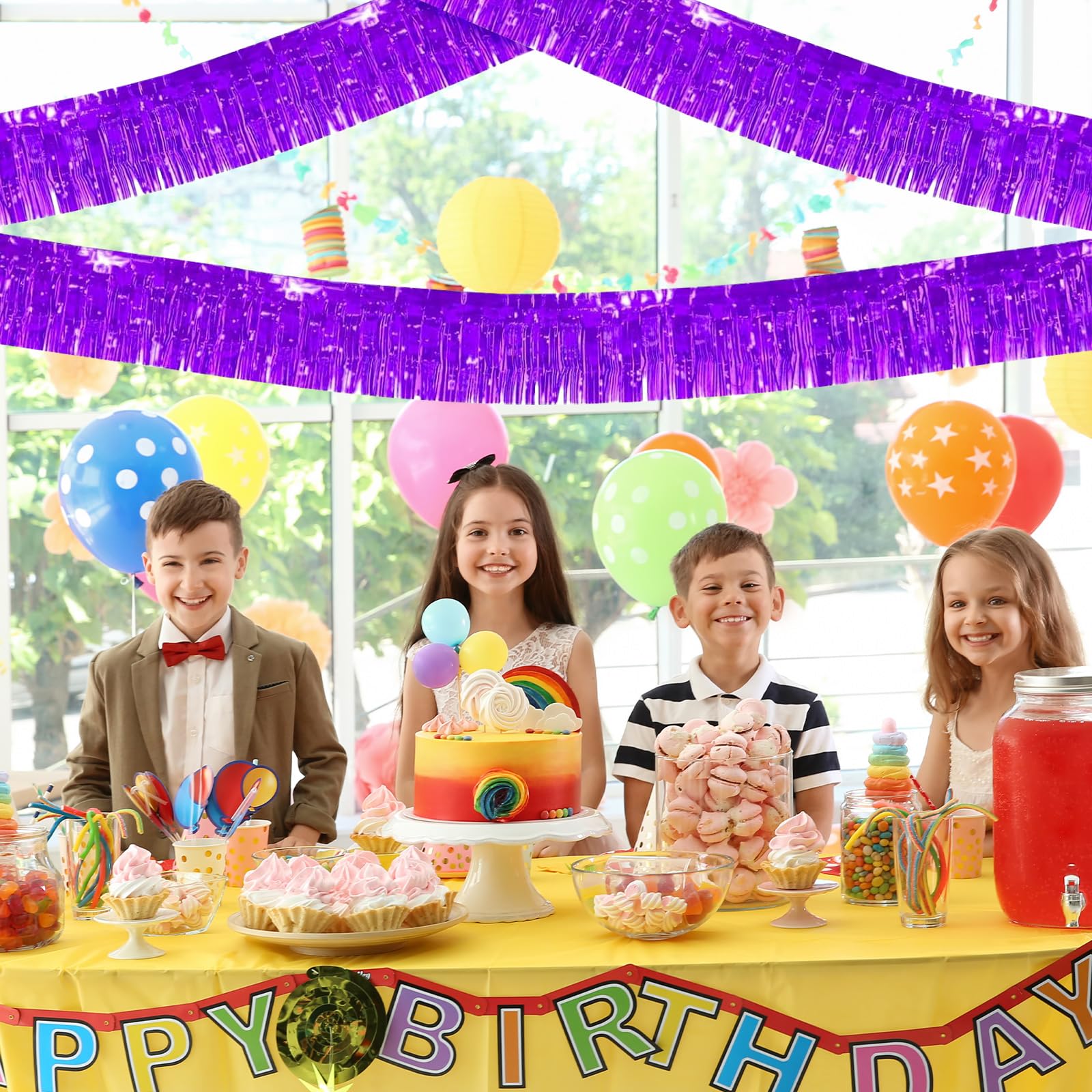 Paquete de 12 guirnaldas de flecos de papel de aluminio metálico de 10 pies, pancarta de oropel para colgar en la pared, color morado para flotadores de desfile, bodas, cumpleaños, Navidad
