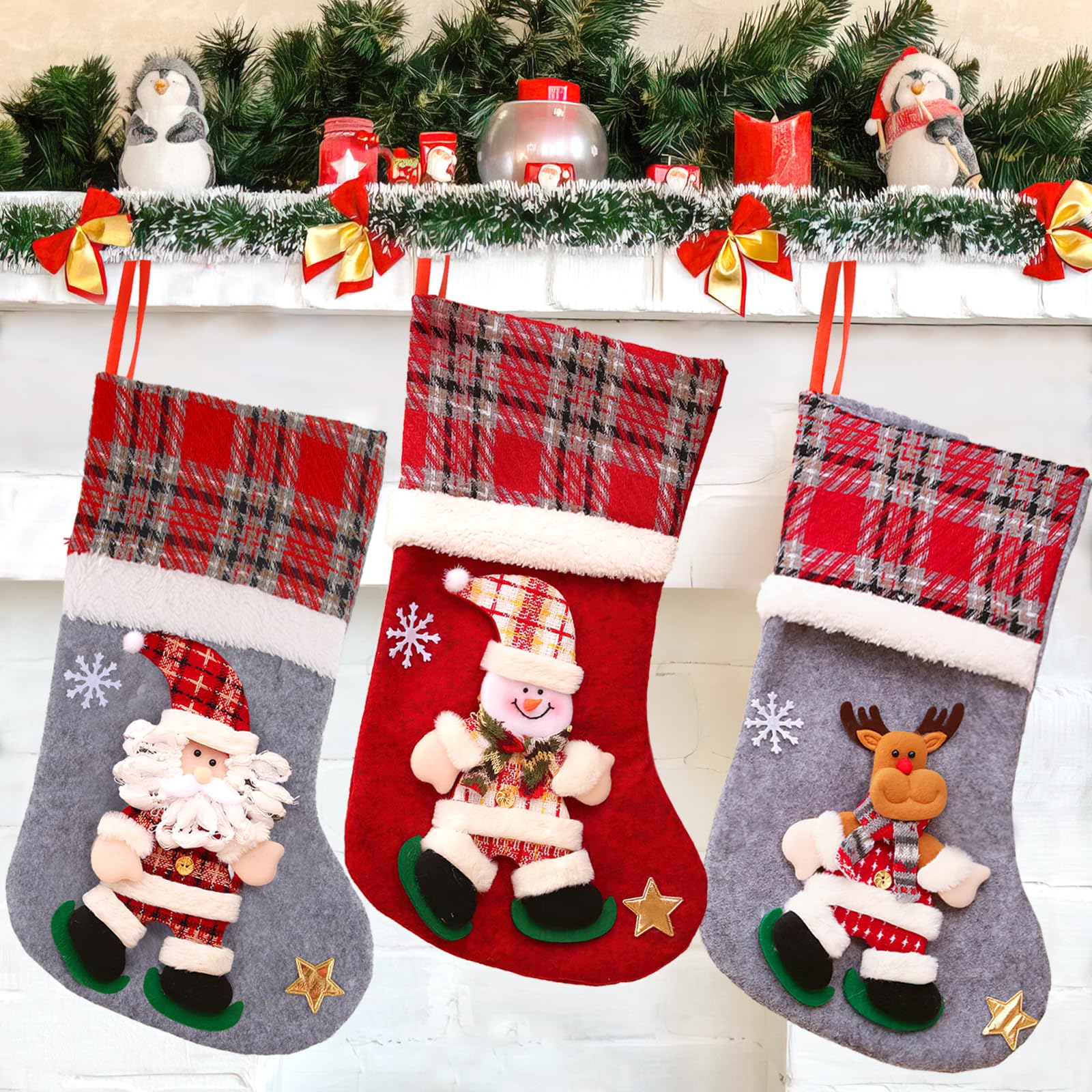 Calze di Natale per camino, Haning Calza per albero di Natale | Calze grandi Babbo Natale, pupazzo di neve, renna personaggio natalizio per vacanze in famiglia Decorazioni per feste di Natale Znet-au