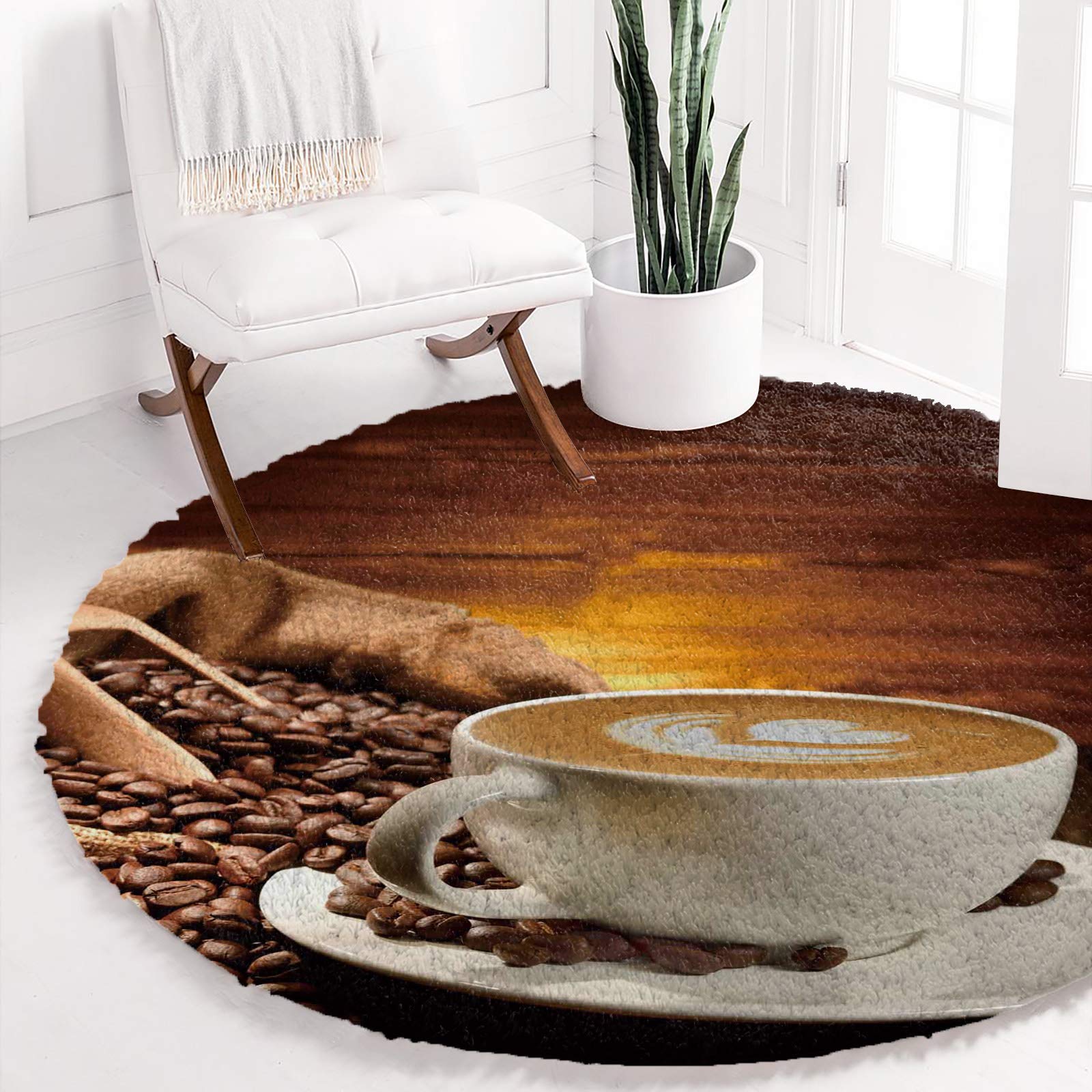 Round Area Rug Coffee Cup Beans Brown Farm Wood Board,Soft Fluffy Shaggy Carpet Close Up of Espresso,Non Slip Throw Rugs Door Mat for Living Room Bedroom Kids Nursery Floor Decor 48In