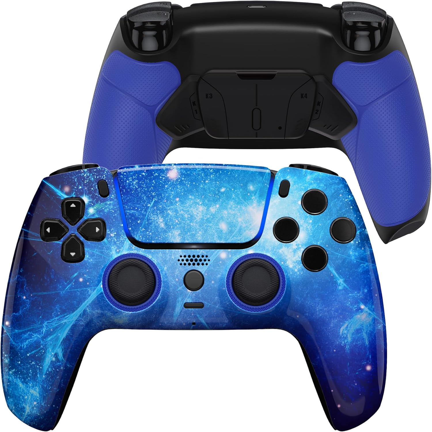 eXtremeRate Luna Redesigned Blue Nebula Front Shell Touchpad Compatible with ps5 Controller BDM-010 020 030 040 050, Rubberized Grip 4 Back Buttons RISE4 Remap Kit for PS5 Controller BDM-010 BDM-020