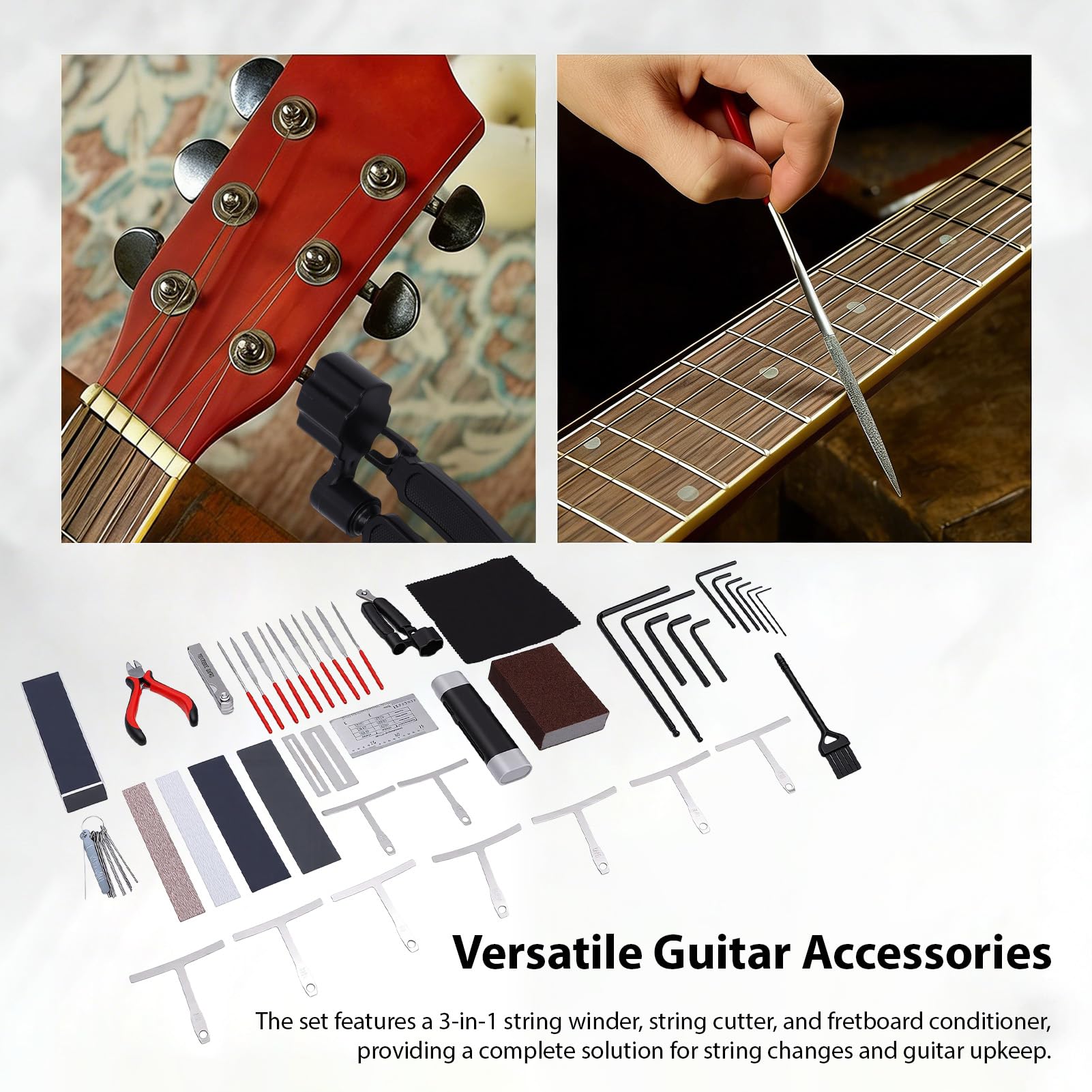 47 szt. Zestaw Narzędzi do Naprawy Gitary Zestaw Konfiguracyjny z torbą na akustyczną gitarę elektryczną Ukulele Bass Banjo Narzędzie do Konserwacji z linijką Pomiar Kluczy