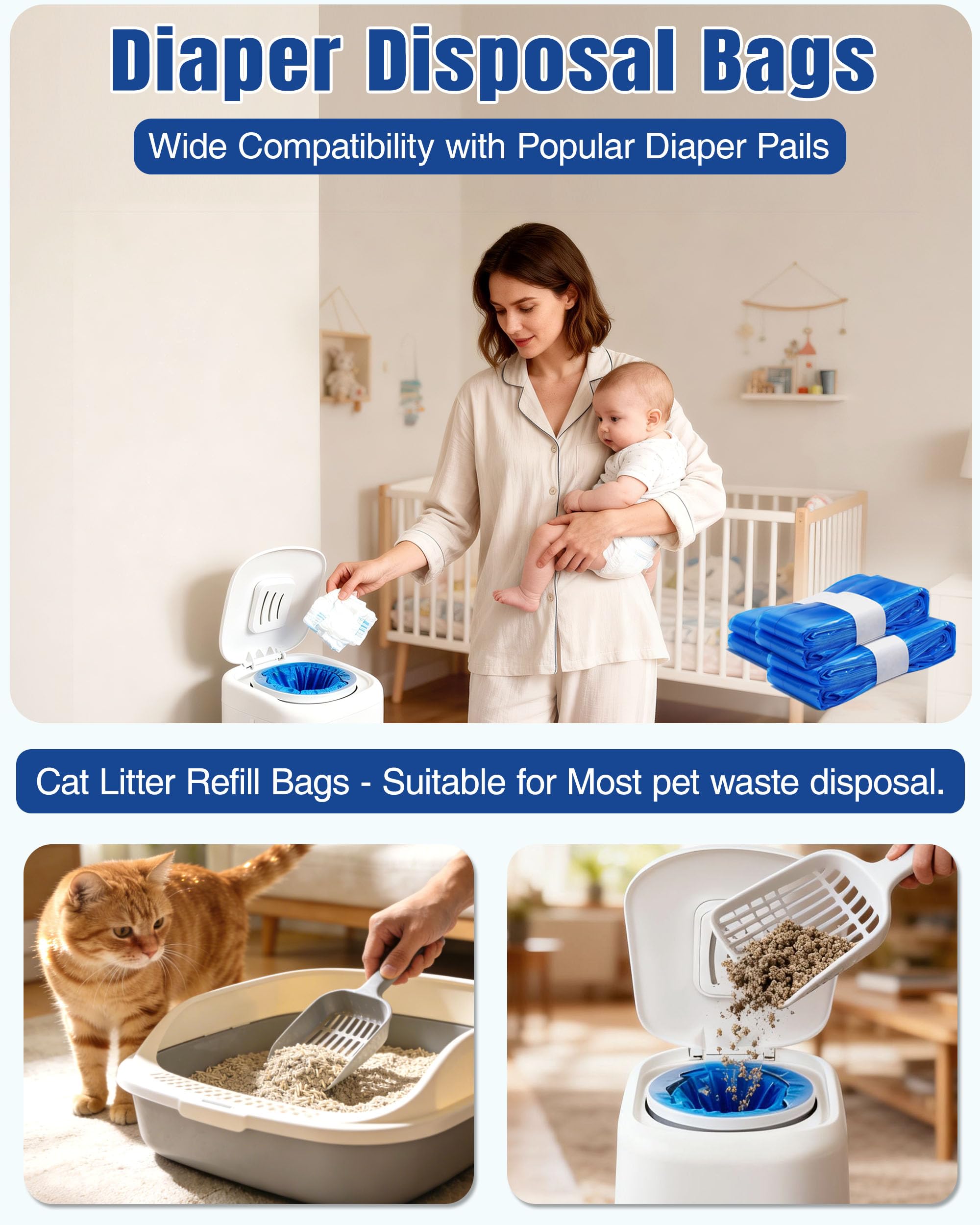 10 Pack Refill Bags Compatible with Diaper Genie, Litter Genie & Litter Locker, Extra 20% Longer Refill Bags for Diaper and Cat Litter Pails, Odor Lock & Plant Scented - 5