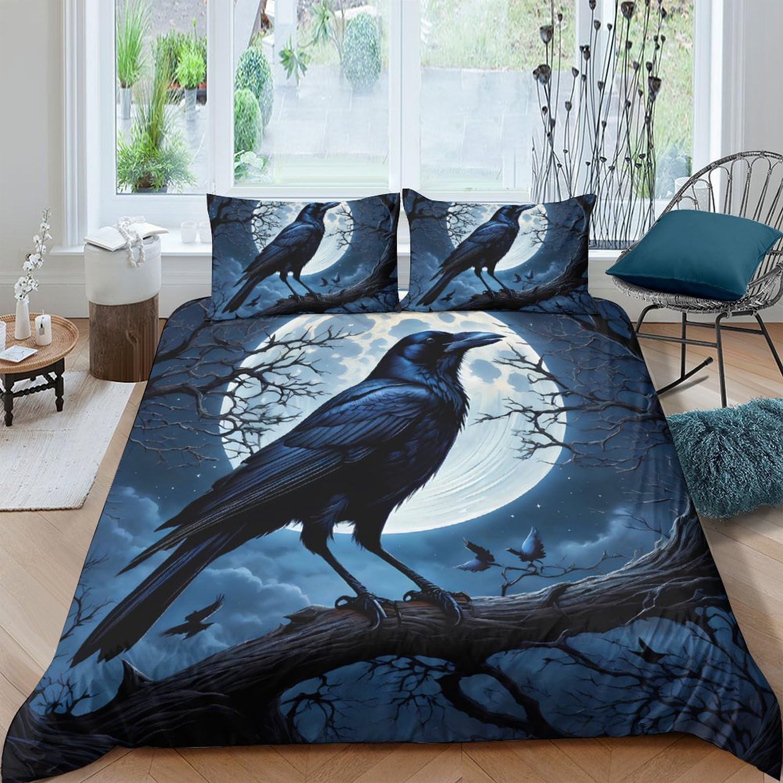 Ctjqhvkz Style-10 3D Printed Moon Raven Fitted Sheet Microfiber Soft Breathable Night Bird Bed Cover For Bedroom Dorm Mattress Decor Single（135X200cm）