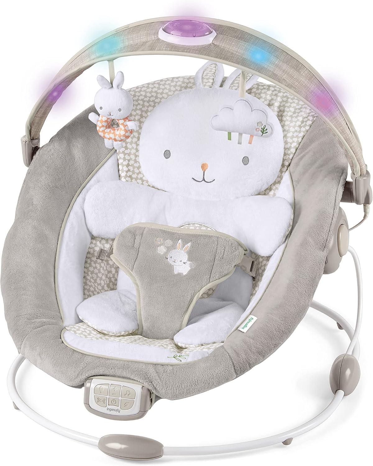 InLighten Baby Bouncer Infant Seat with Light Up -Toy Bar, Vibrations, Tummy Time Pillow & Sounds, 0-6 Months Up to 20 lbs (Twinkle Tails Bunny)