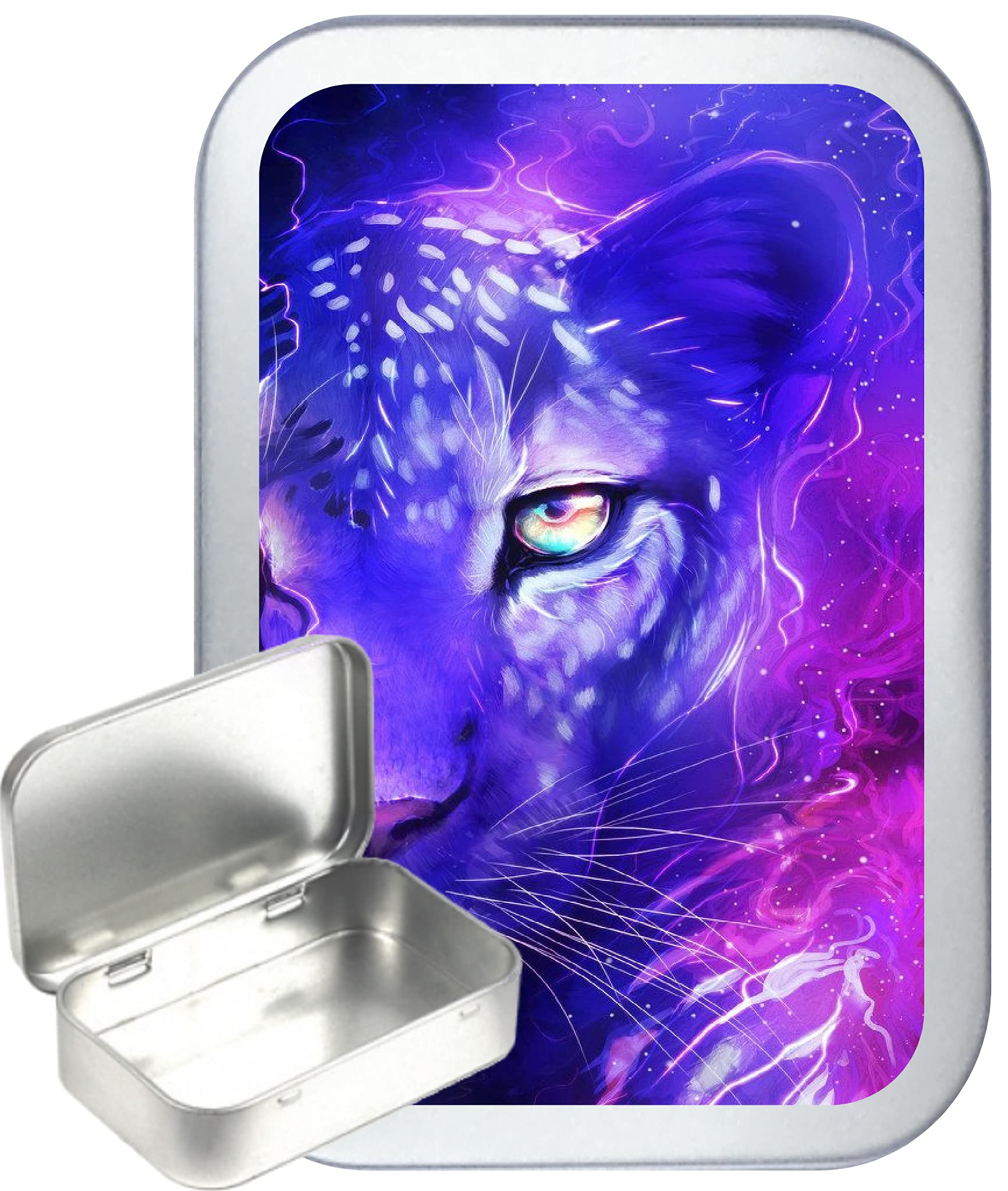 TEEZ Purple Leopard Face 50ml Silver Hinged Tobacco Tin, Hinged 1oz Tobacco Tin