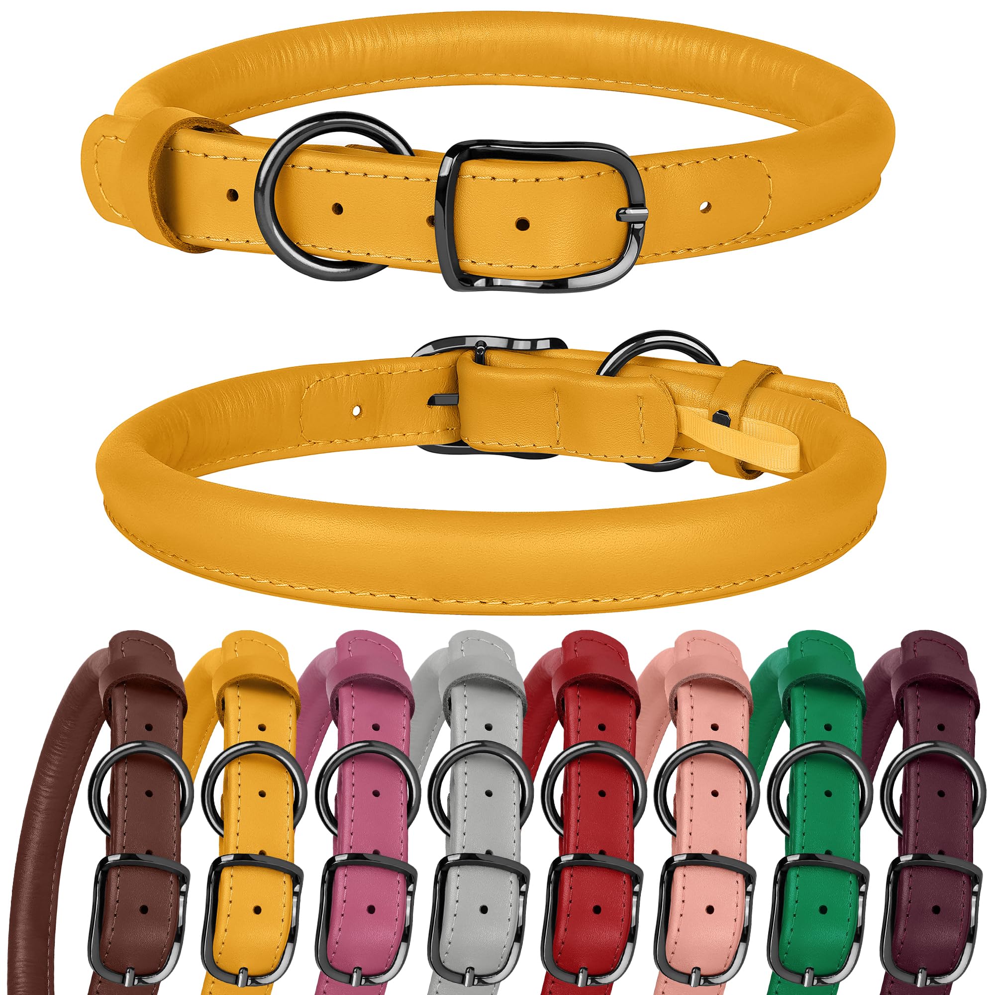 BUDKASRolled Leather Dog Collar for Small Medium Large Dogs Puppy Durable Adjustable Soft Round Rope Pet Collars (8"-12" Neck Fit, Yellow)