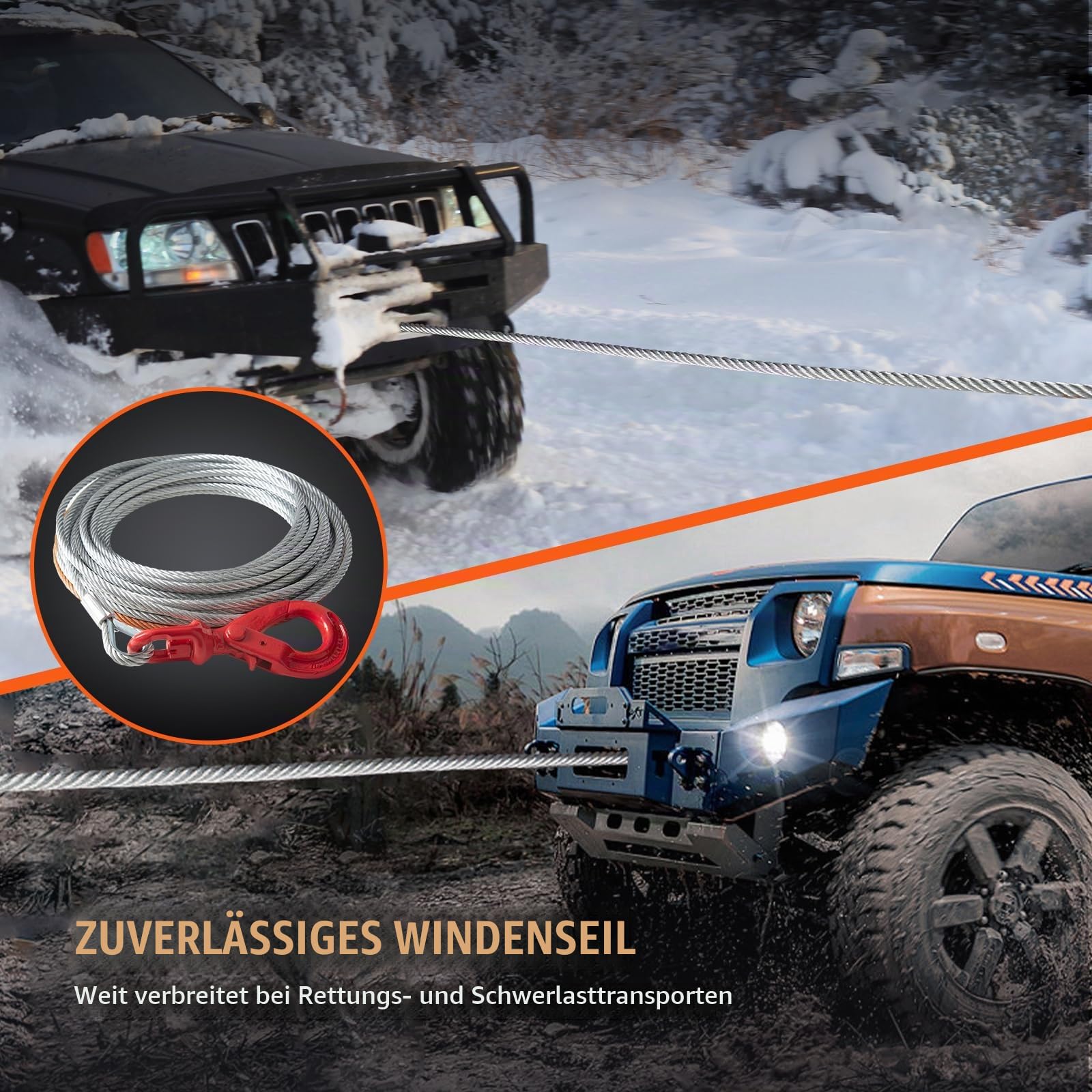 VEVOR Anschlagseil 9,5 mm x 30,5 m Stahlseil 67,6 kN Bruchfestigkeit des Kabels Forstseil mit Drehhaken Hebeseil Drahtseil Abschleppseil Ideal für ATVs UTVs Autos SUVs oder große Geländewagen