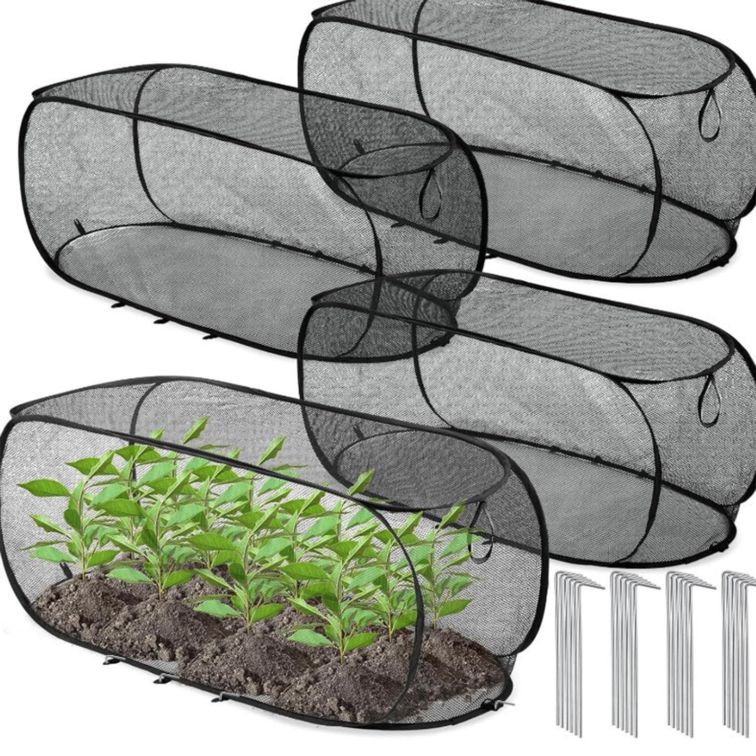 Pop-Up Garden Mesh Net Plant Cover, 100x45x40cm Foldable Raised Bed Cover, Plant Protection Tent, Anti-Bird, Insect & Sun Barrier, Portable Greenhouse for Protect Plant Vegetable Fruit (Black-4pcs)