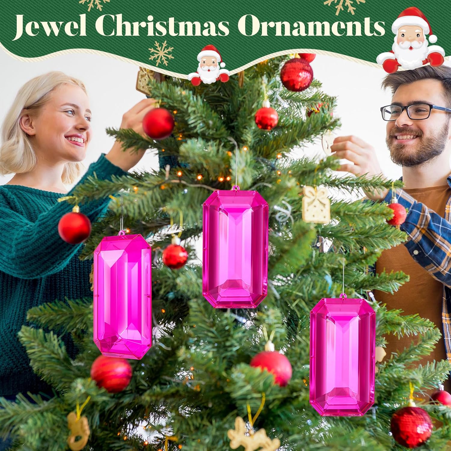 Syhood 9.5 Inch Jumbo Jewel Ornament Large Jewel Ornaments for Christmas Tree Acrylic Glitter Christmas Gem Hanging Decorations for Xmas Wedding Holiday Party Decor(Pink, Rectangle) - Image 4