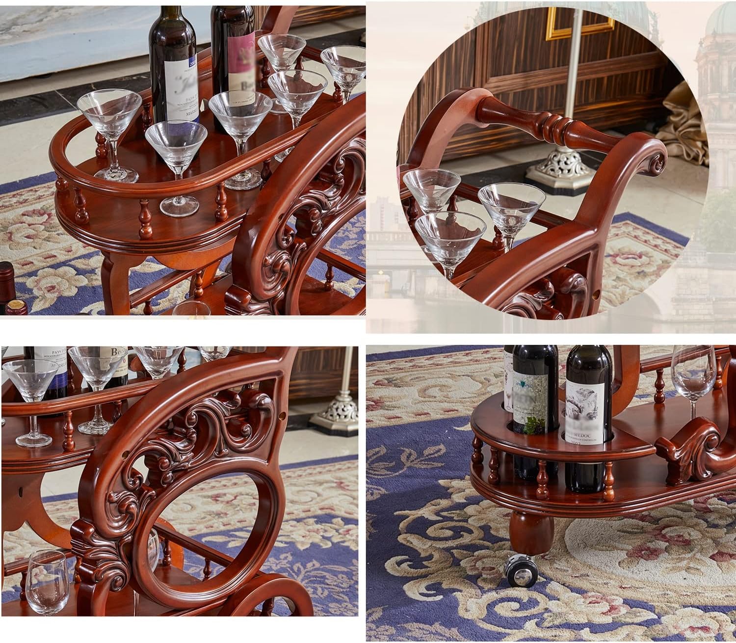 AVLUZ サービングカート 2段 木製ダイニングカー ドリンクトロリー 3輪付き キッチンカート バーカート 飲料 コーヒーカート