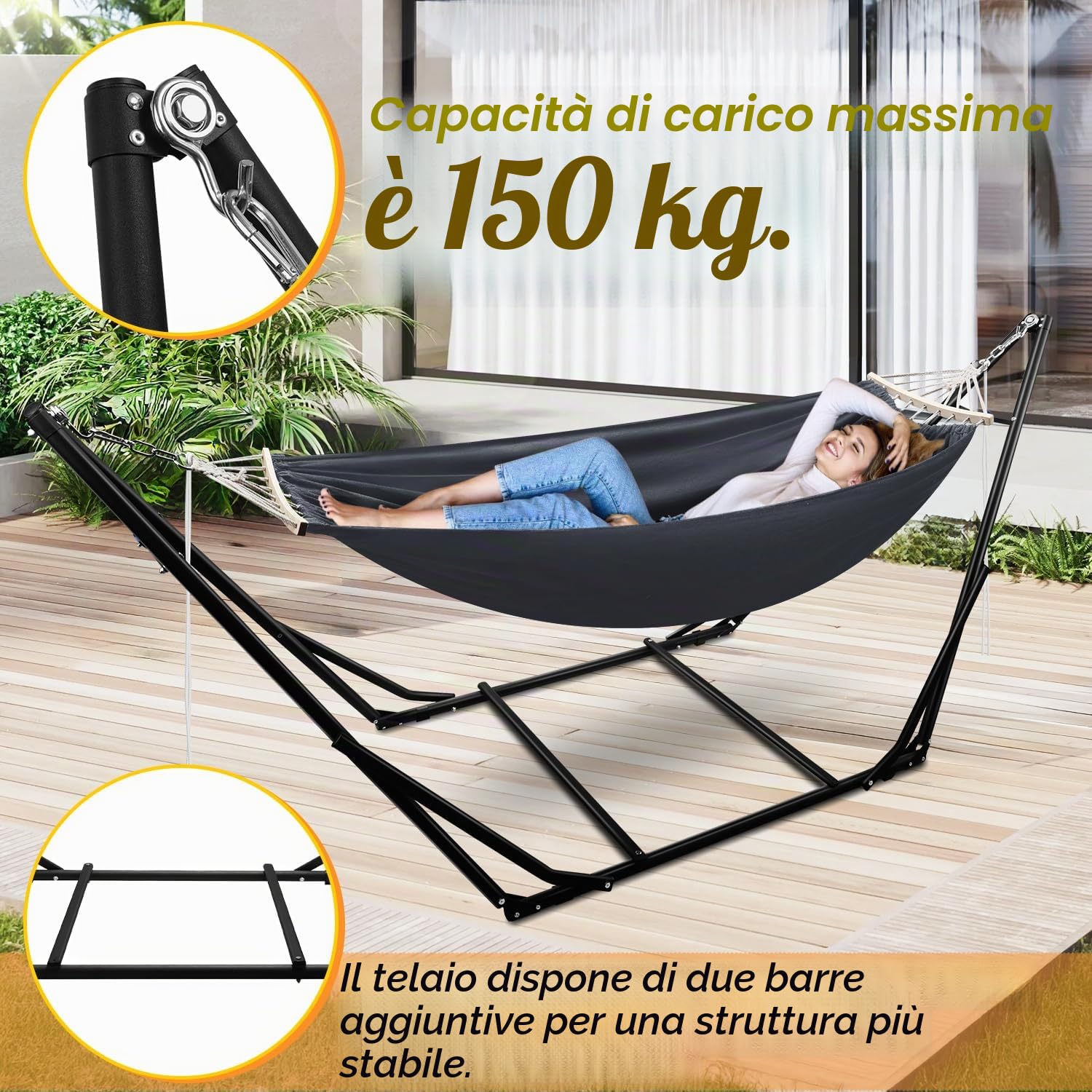 Amaca con struttura, pieghevole, da giardino, in metallo, per esterni, con borsa per il trasporto, struttura in metallo fino a 150 kg, per campeggio, giardino, piscina, balcone
