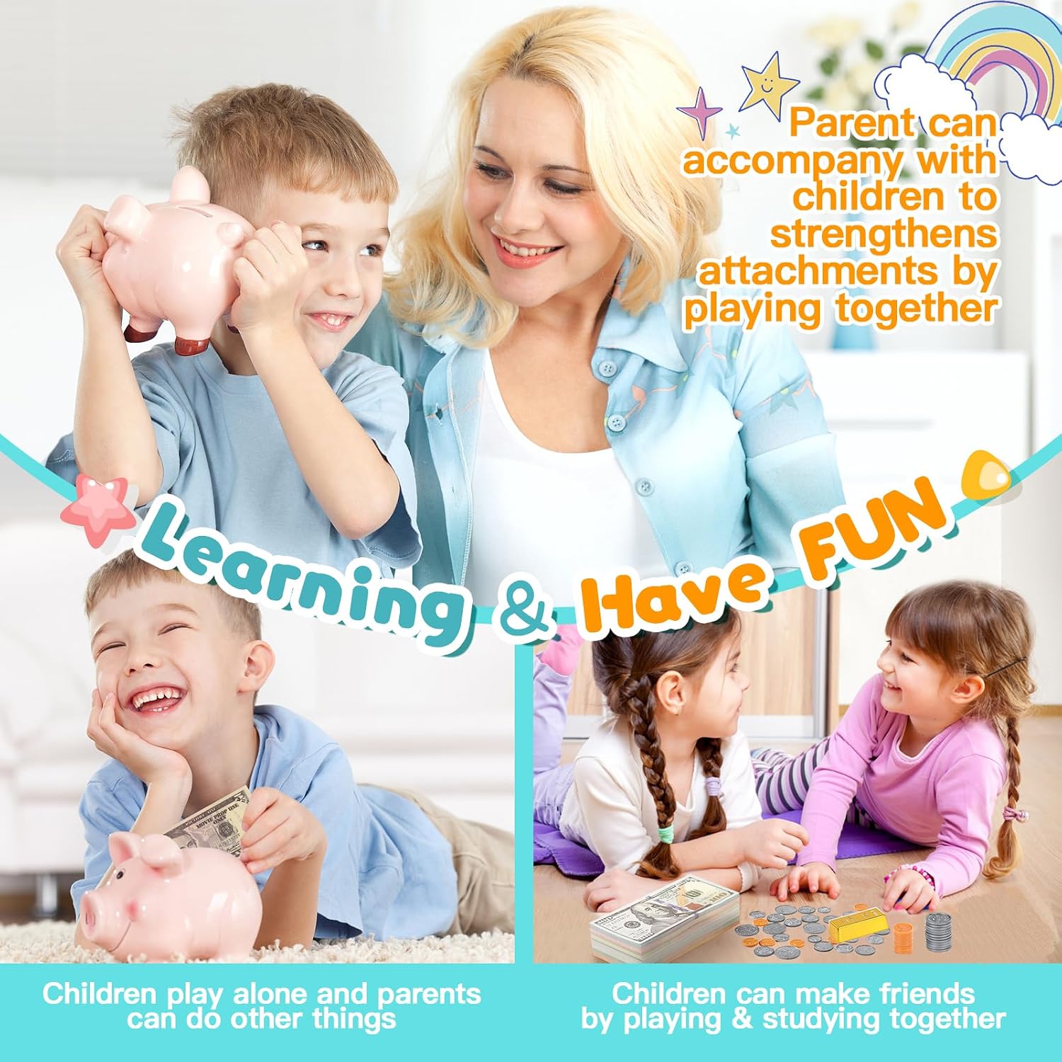 Quiet Flower Learning Pretend Play Coin, Copy Pretend Coins Toys for Kids, Prop Fake Coins and Banking Play Toys Set(200pcs)