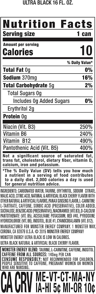 Monster Energy Ultra Black, Sugar Free Energy Drink, 16 Ounce | Pack of 15