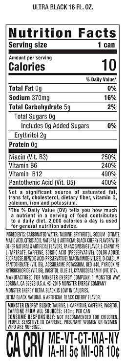 Monster Energy Ultra Black, Sugar Free Energy Drink, 16 Ounce | Pack of 15