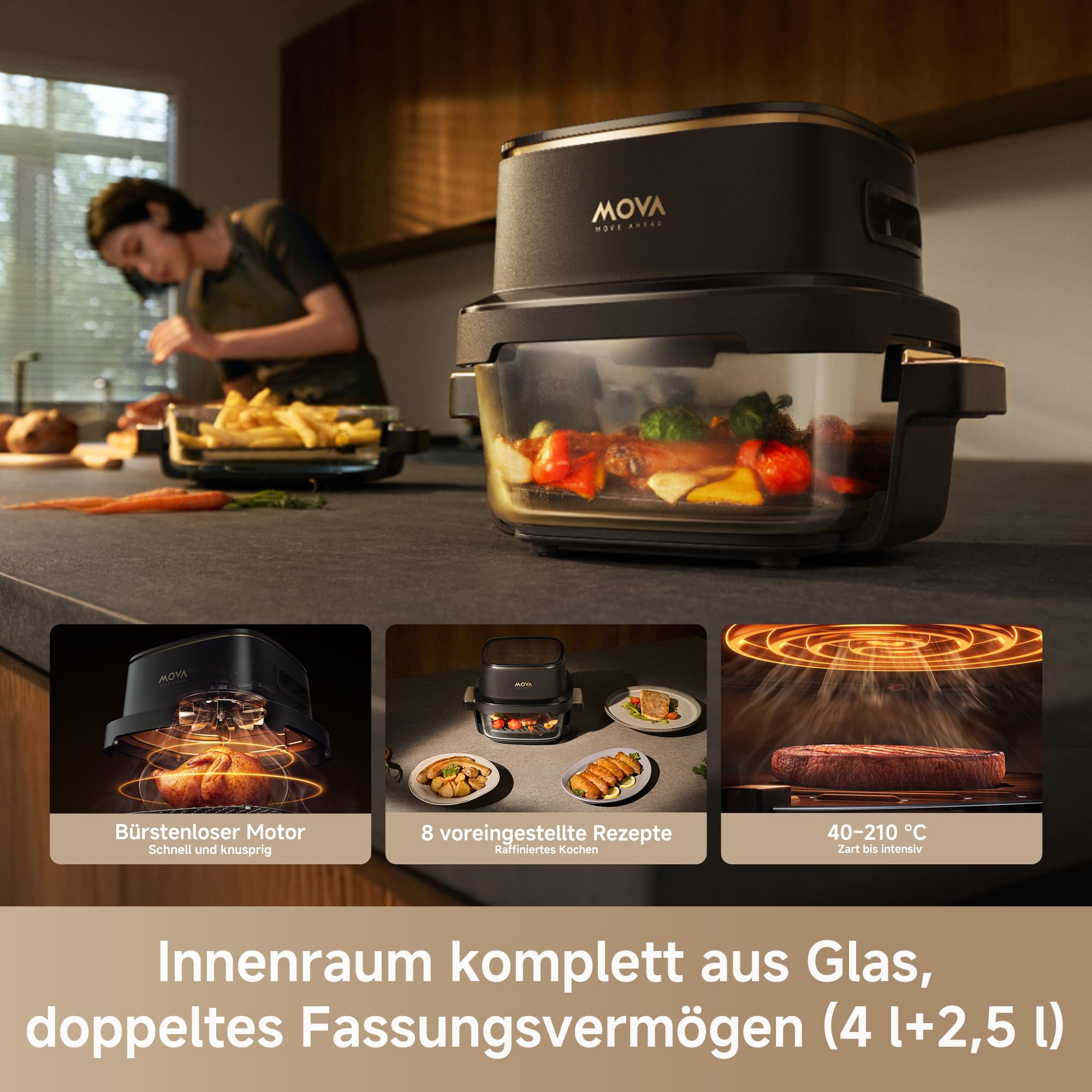 Mova Aeroglass AF20 Pro Heißluftfritteuse: Transparenter Glasinnenraum, Doppeltes Fassungsvermögen (4 l + 2,5 l), Glasschüssel, Bürstenloser Motor, 8 Rezepte, 40–210 °C, Intelligente Voreingestellte