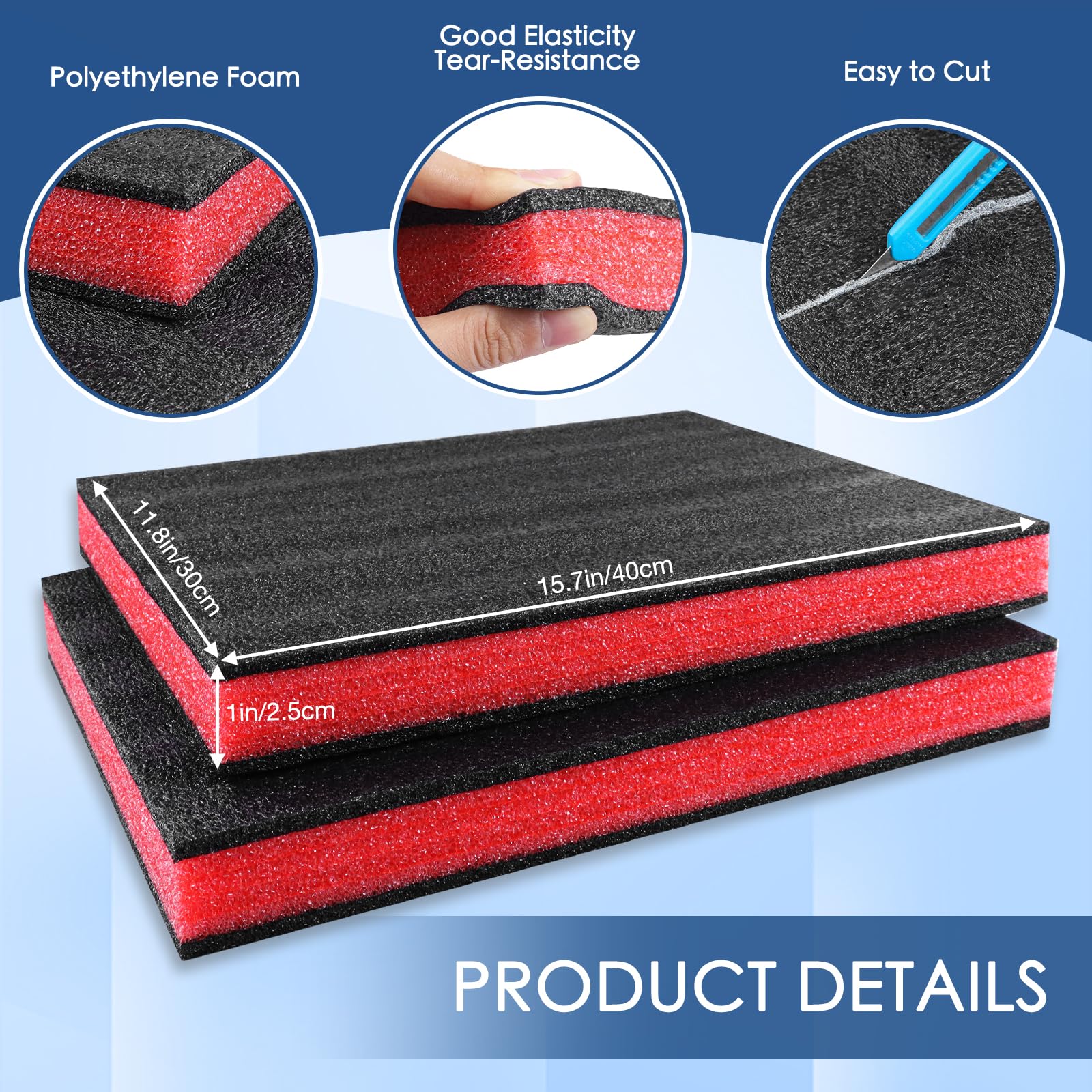 Foglio di Schiuma 3 Pezzi 40×30×4 cm Inserti per Cassetta degli Attrezzi Schiuma Polyetilene Tagliabile