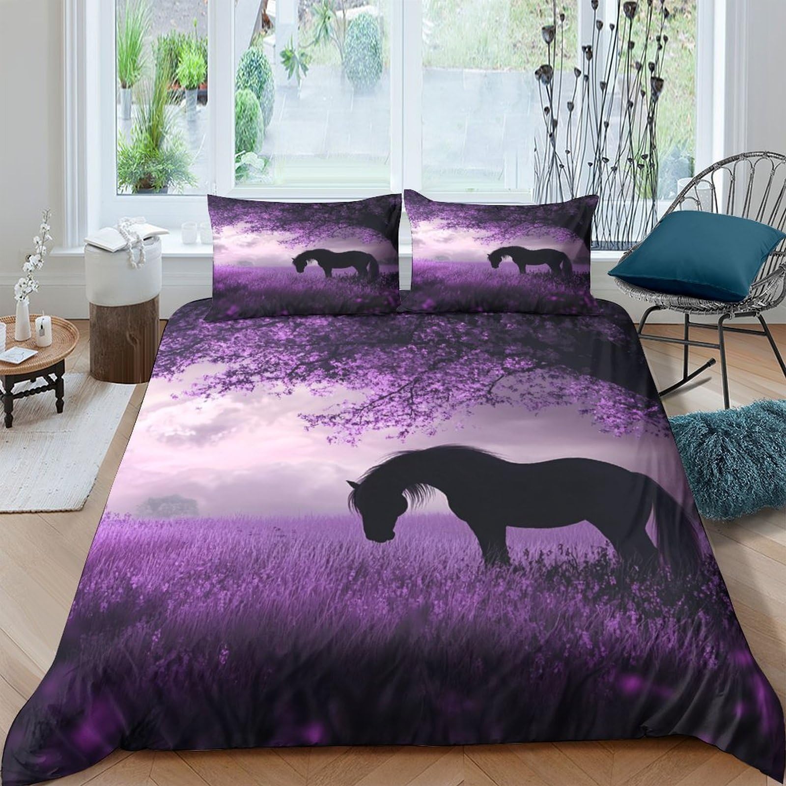 Ctjqhvkz Style-10 3D Printed Purple Forest Horse Fitted Sheet Microfiber Soft Bed Cover For Bedroom Dorm Mattress Protection Decor Single（135X200cm）