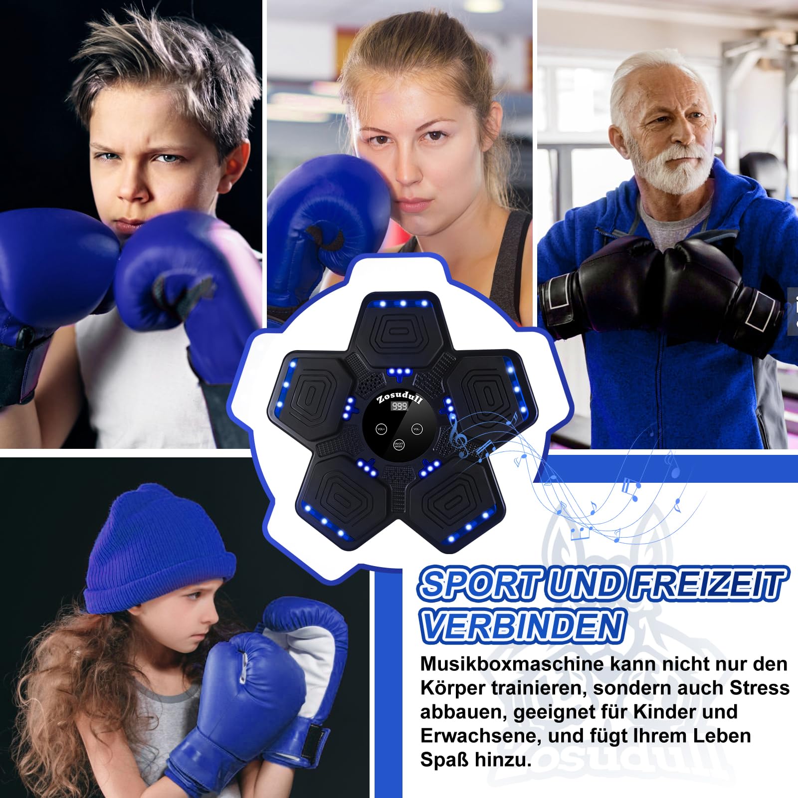 Music Boxing Machine, Intelligente Musik Boxmaschine mit LED-Licht,Bluetooth Boxgerät für Kinder/Erwachsene,Wandmontiertes Boxziel mit Boxhandschuhen,Geschwindigkeitseinstellung,Zählmodus