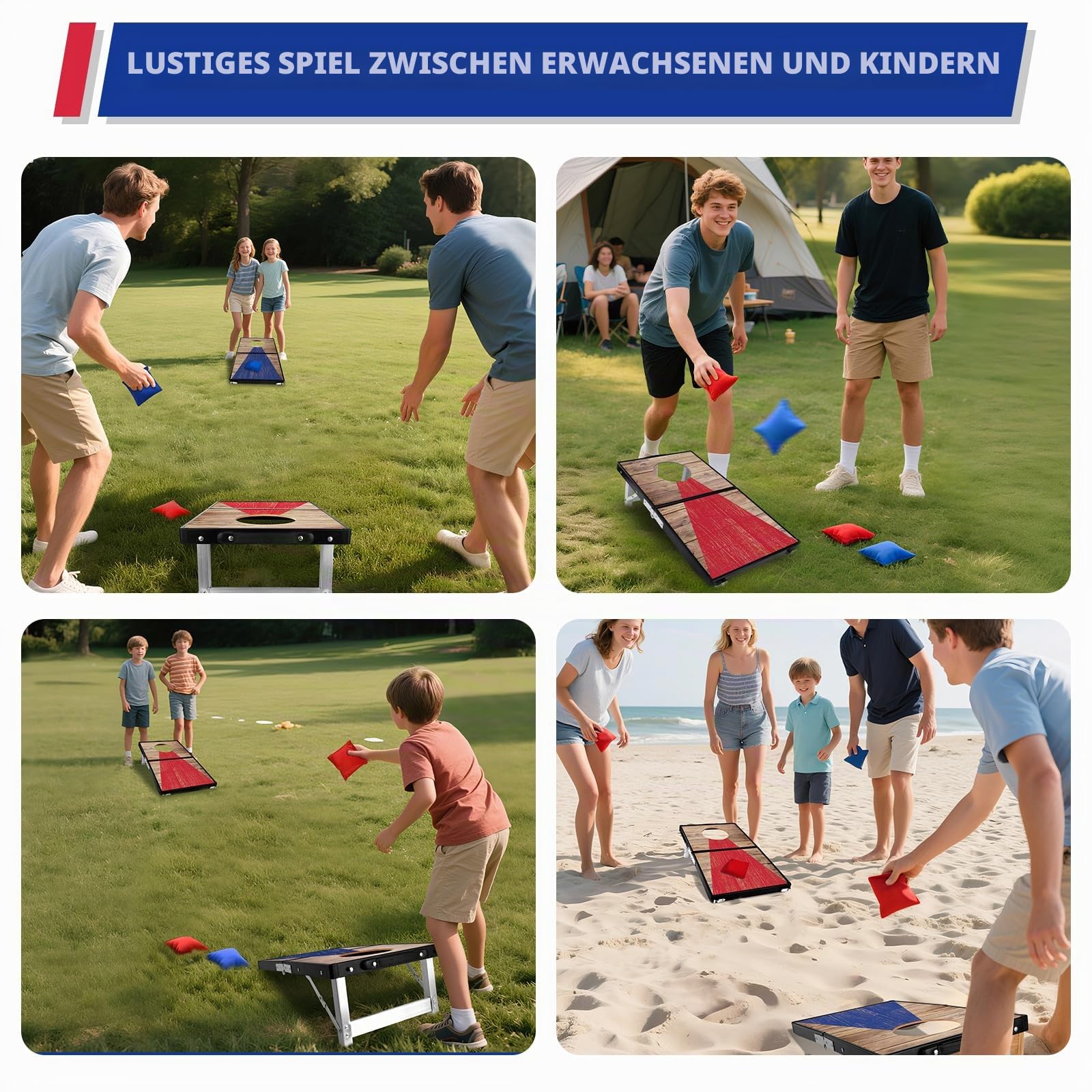 NZQXJXZ Langlebiges Aluminium Cornhole Spiel Outdoor Cornhole Säckchen mit 6 Bohnensäcke & Tragetasche für Hinterhof, Rasen, Strand 2-in-1 Camping Outdoor Spiel Set Kollabieren