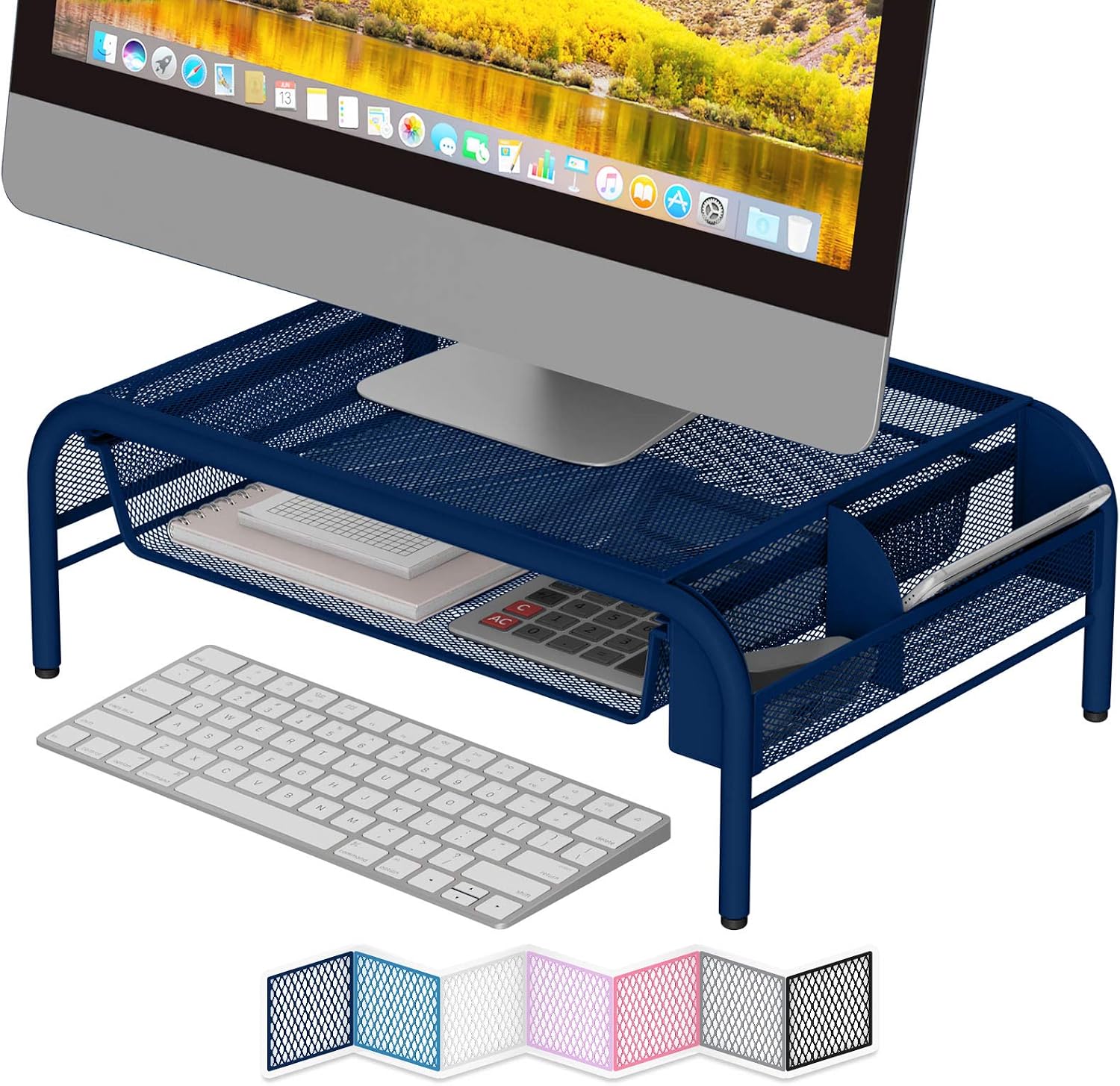 NEATERIZE Monitor Stand for Desk - Metal Monitor Stand Riser and Laptop Desk Stand with Organizer - Desktop Computer Stand and Monitor Riser Stand for Desk with Drawer - Improves Airflow - (Navy)