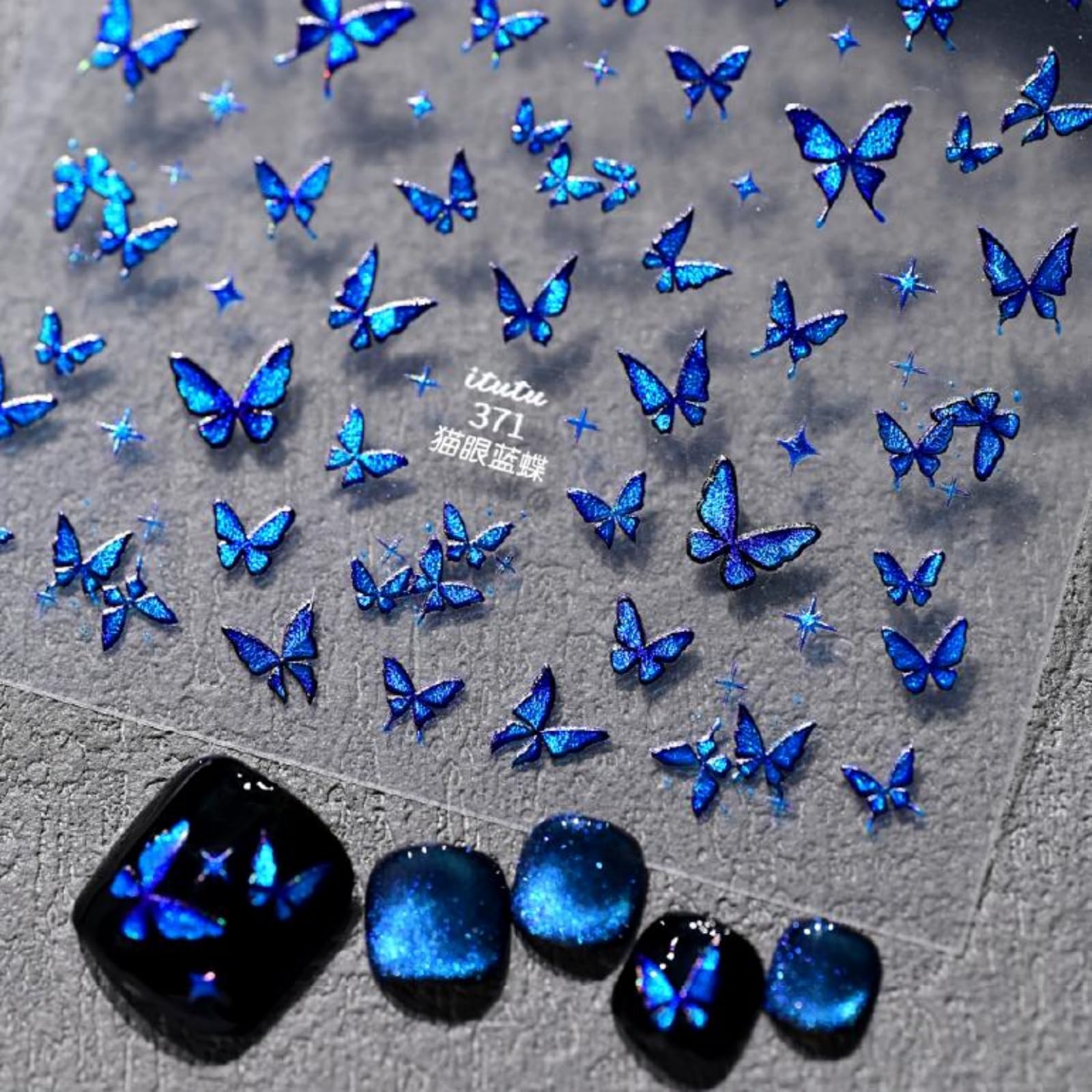 Butterfly Nail Stickers Blue Nail Decals for Nails Art with Glitter Design Shiny Nail Art Stickers 5D Embossed Self Sdhesive for Women Girls Nails Decoration Accessories Supply
