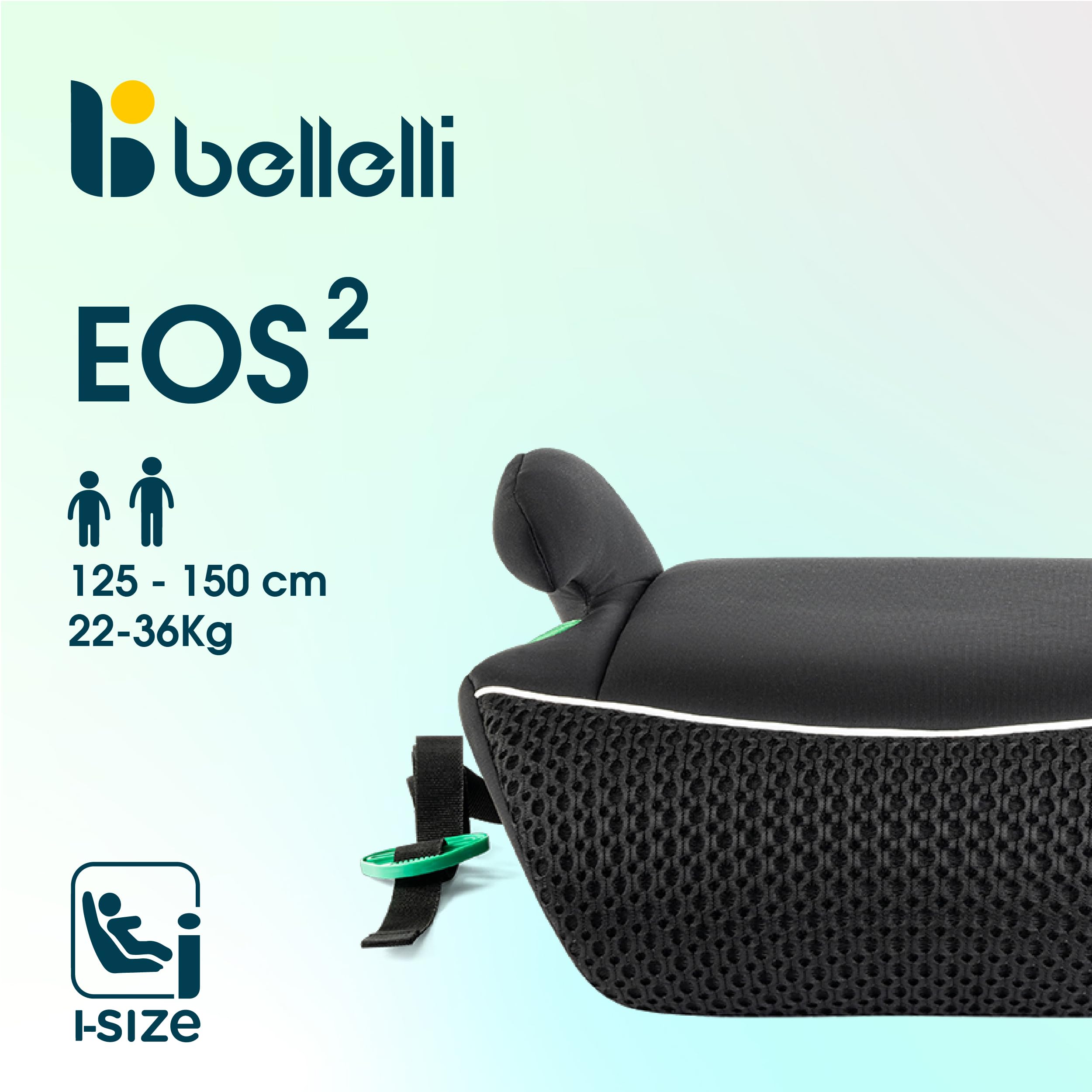 b bellelli - Eos² Air, Kinderautositz i-Size, Autoerhöhung für Kinder 125-150 cm (22-36 kili), atmungsaktive 3D-Air-Mesh-Einsätze, Farbe Schwarz, 6-12 Jahre