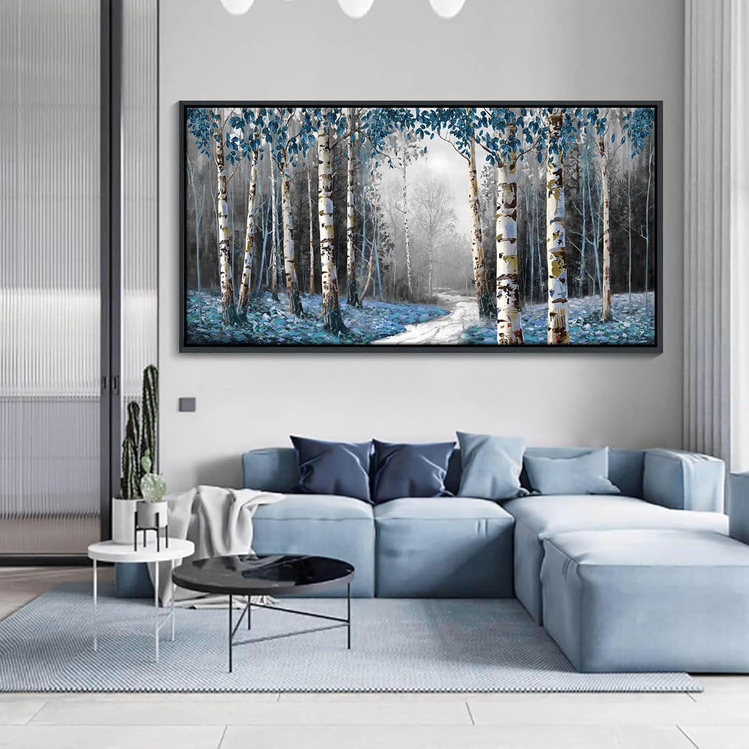 Large Canvas Wall Art Framed - Gray Blue Tree Abstract Canvas Painting Textured Picture, Modern Landscape Artwork Framed for Living Room Bedroom Bathroom Office Home Decor 58x29