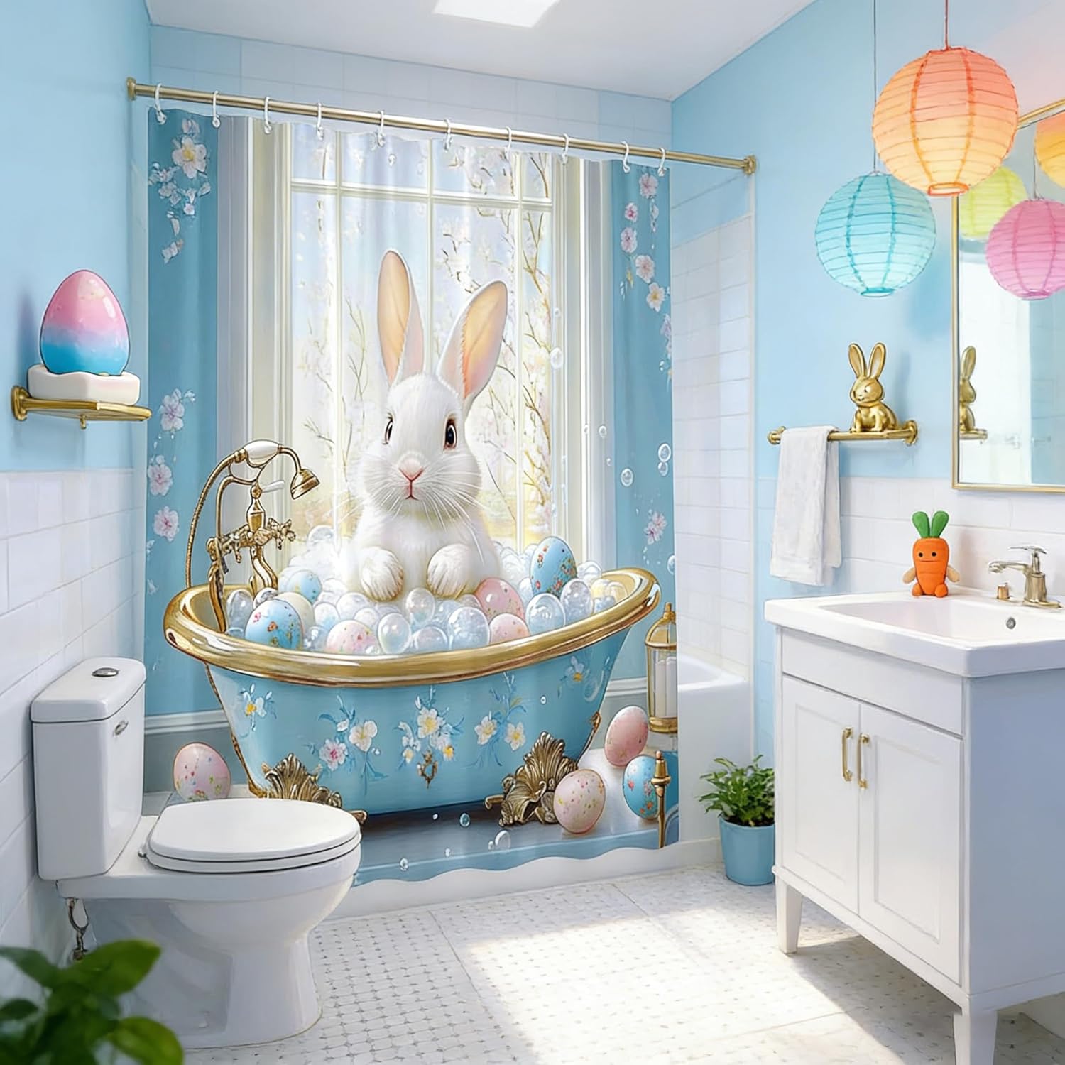 Funny Bunny Take Bath Shower Curtain Cute Rabbit Egg Happy Easter Animal Polyester Bathroom Curtains Set with Hooks 80"x70"