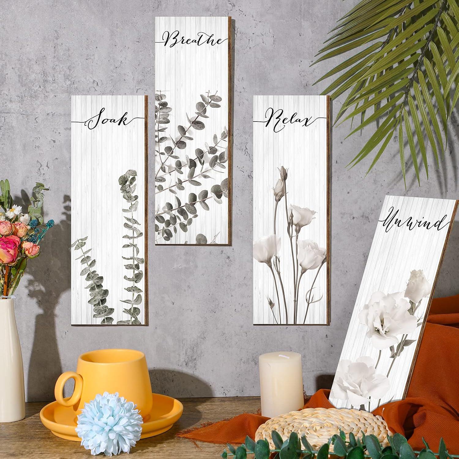Chunful Boho Botanical Bathroom Wall Decor Relax Soak Unwind Breathe Wooden Sign Minimalist Floral Wall Arts for Home Bathroom Washroom Laundry Room Decorations(11 x 3.5 Inch)