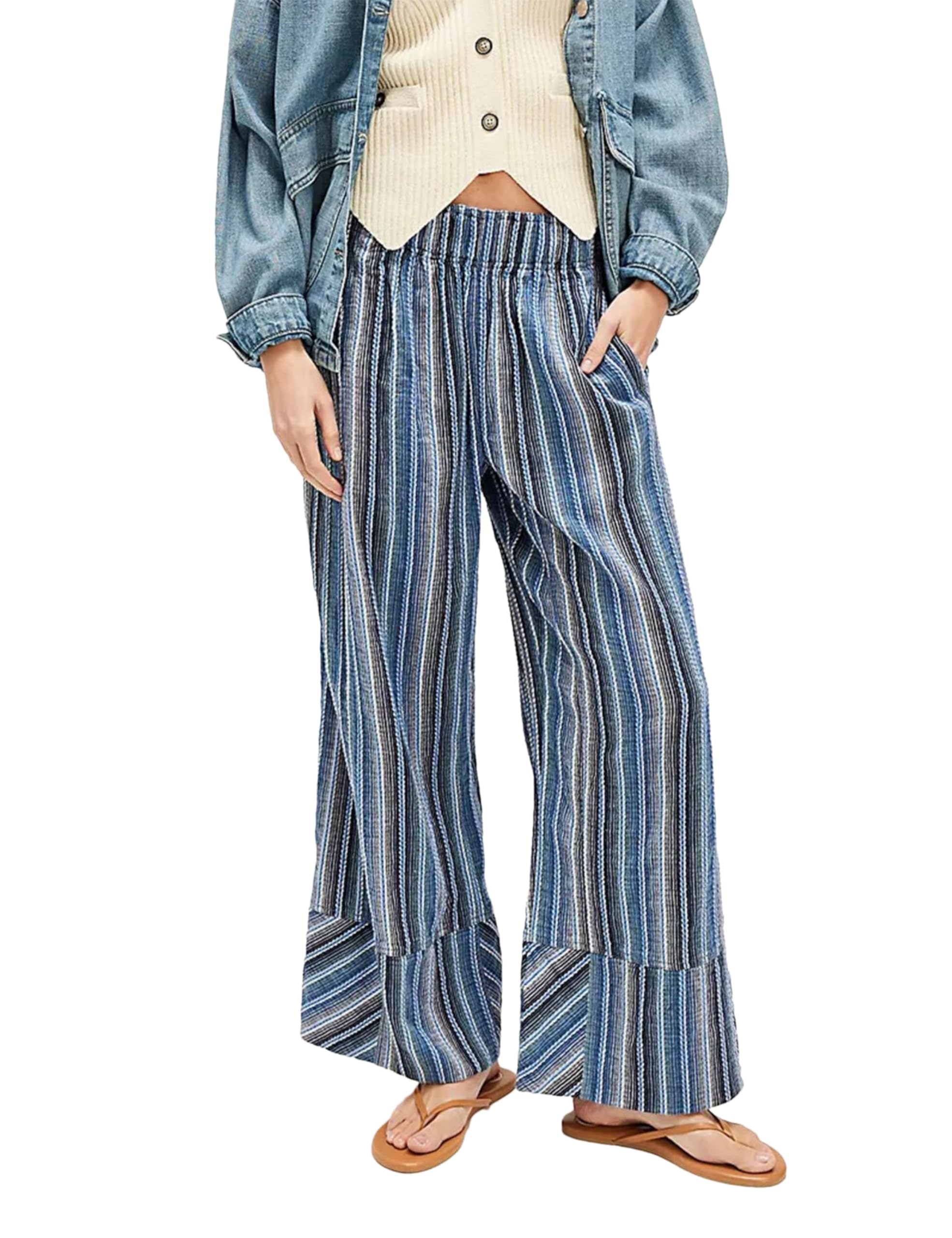 Bozanly Womens Striped Wide Leg Lounge Pants Boho Elastic Waist Loose Casual Trousers with Pockets 2025