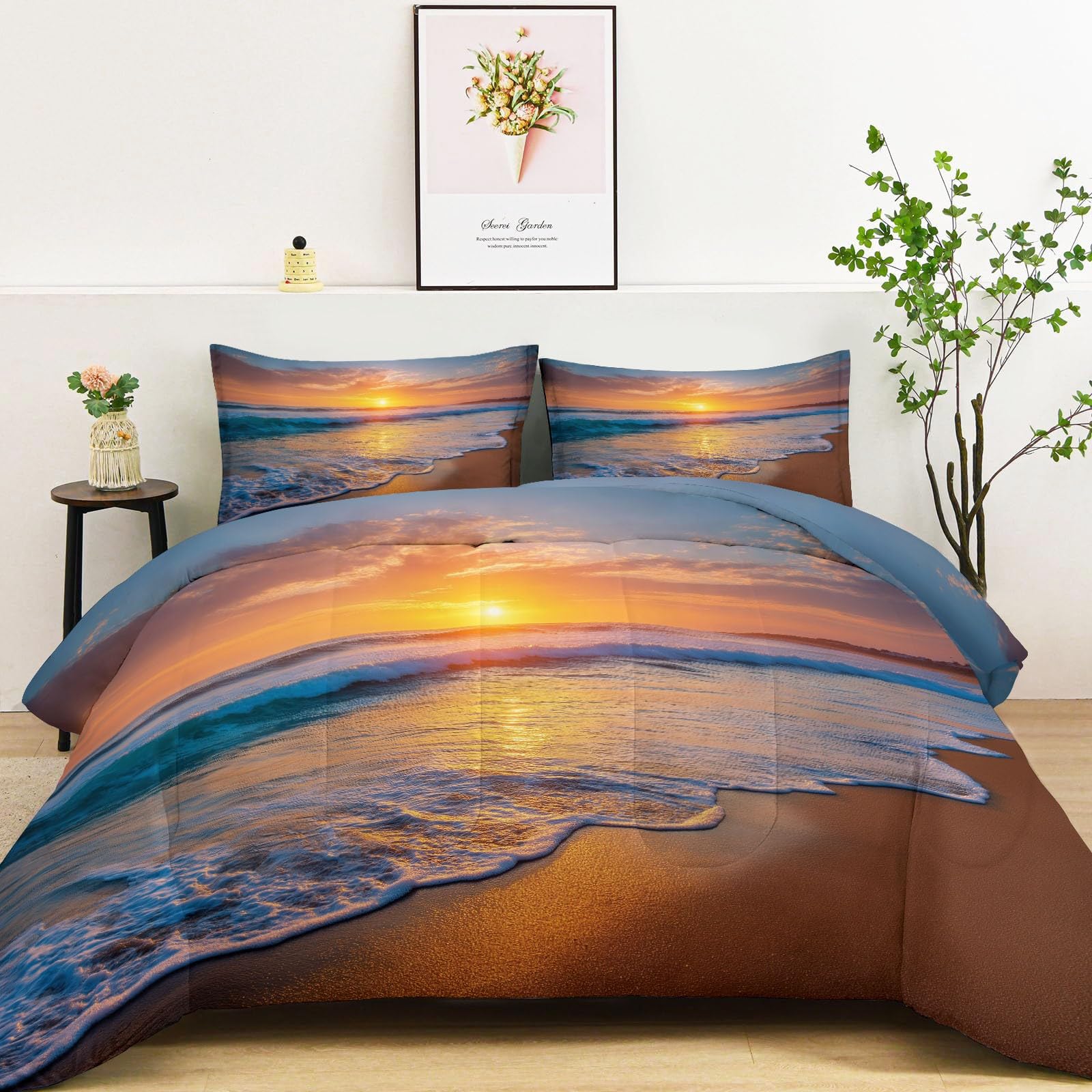 Bettdecke 135 x 200 cm Ganzjahresdecke Steppdecke - Bettdecke Ohne Bezug Naturlandschaft Strand Sonnenuntergang - 4 Jahreszeiten Bettdecken Wende Orange Farbe, Weiche Warm Duvet Schlafdecke