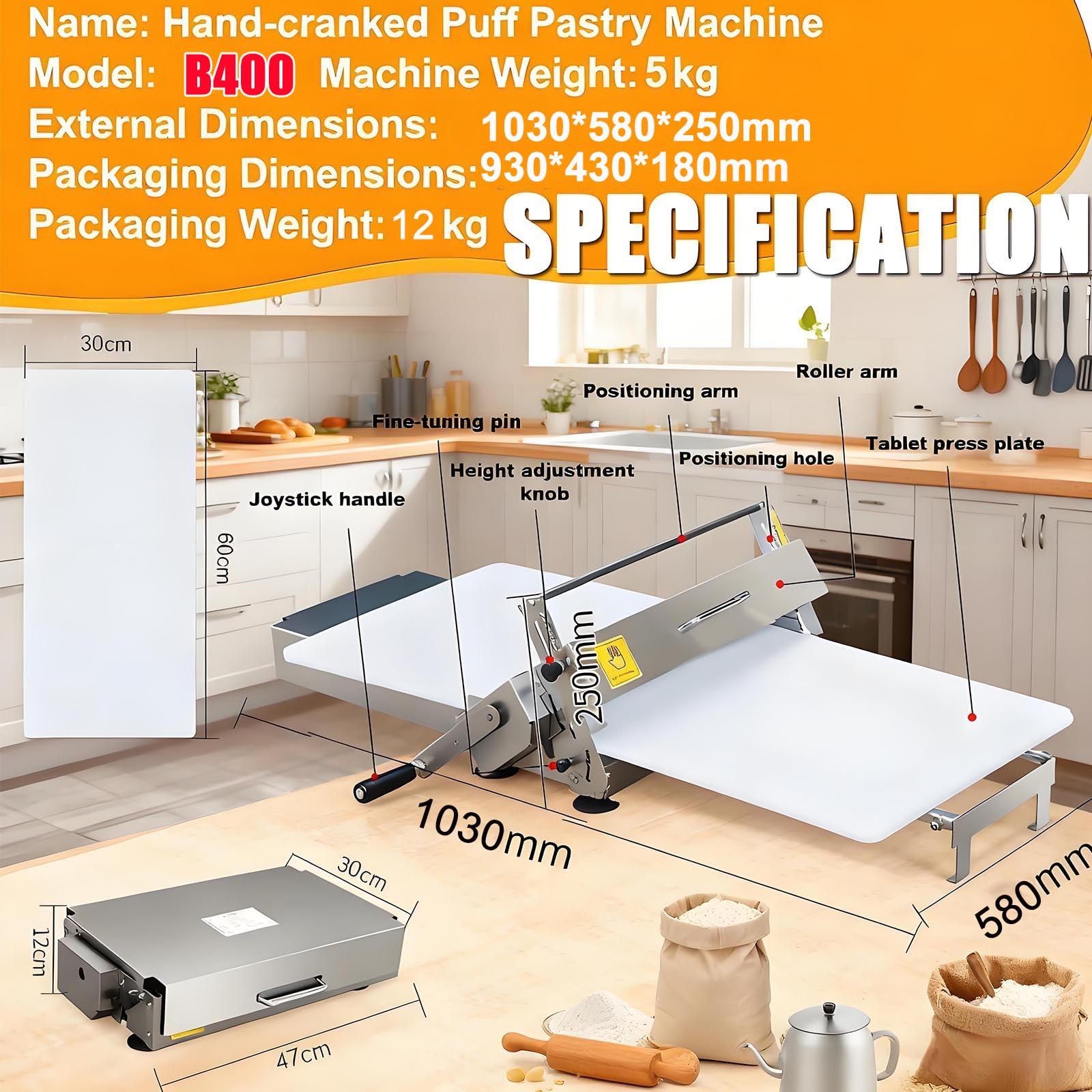 Teigmaschine Aus Edelstahl,Teigausrollmaschine FüR BäCkereien, Pizza, Croissants (Optional: Manuell/Elektrisch), Teigwalze/Nudelpresse Mit Einstellbarer Dicke, FüR Gewerbe Und Haushalt B400Manual