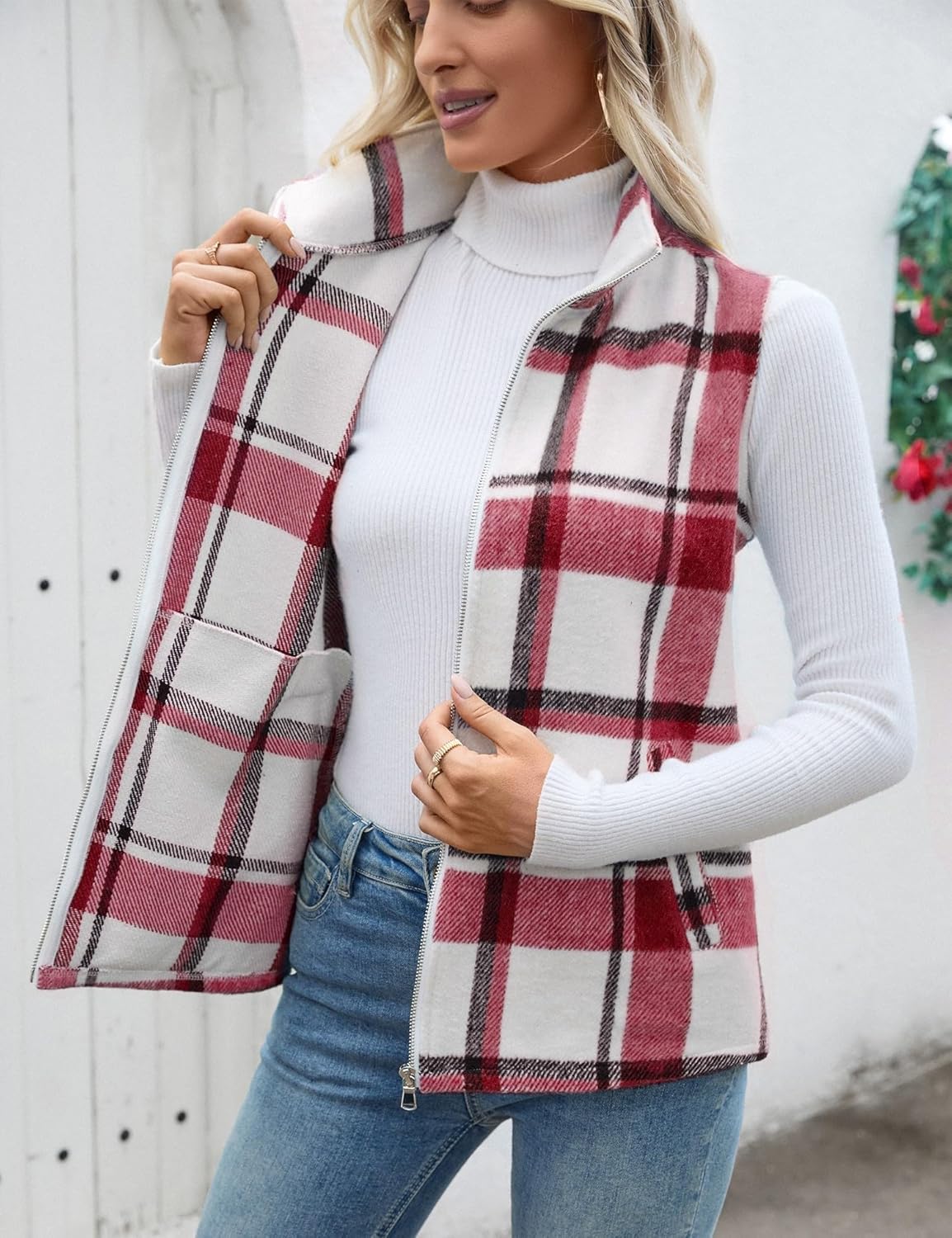 Rapbin Women's Plaid Outerwear Vests Tops Zip Up Collared Sleeveless Jacket with Pockects - Image 3