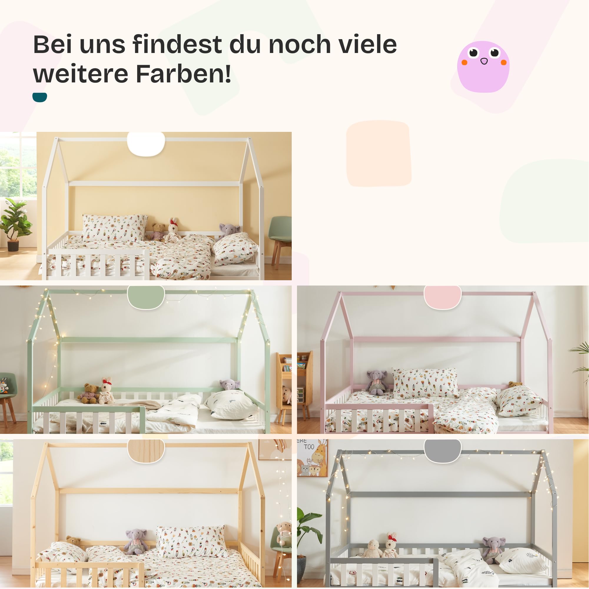 [en.casa] Kinderbett Hesel Hausbett Holzoptik 140 x 200 cm mit Rausfallschutz und Lattenrost Montessori Bodenbett Jugendbett Holzbett