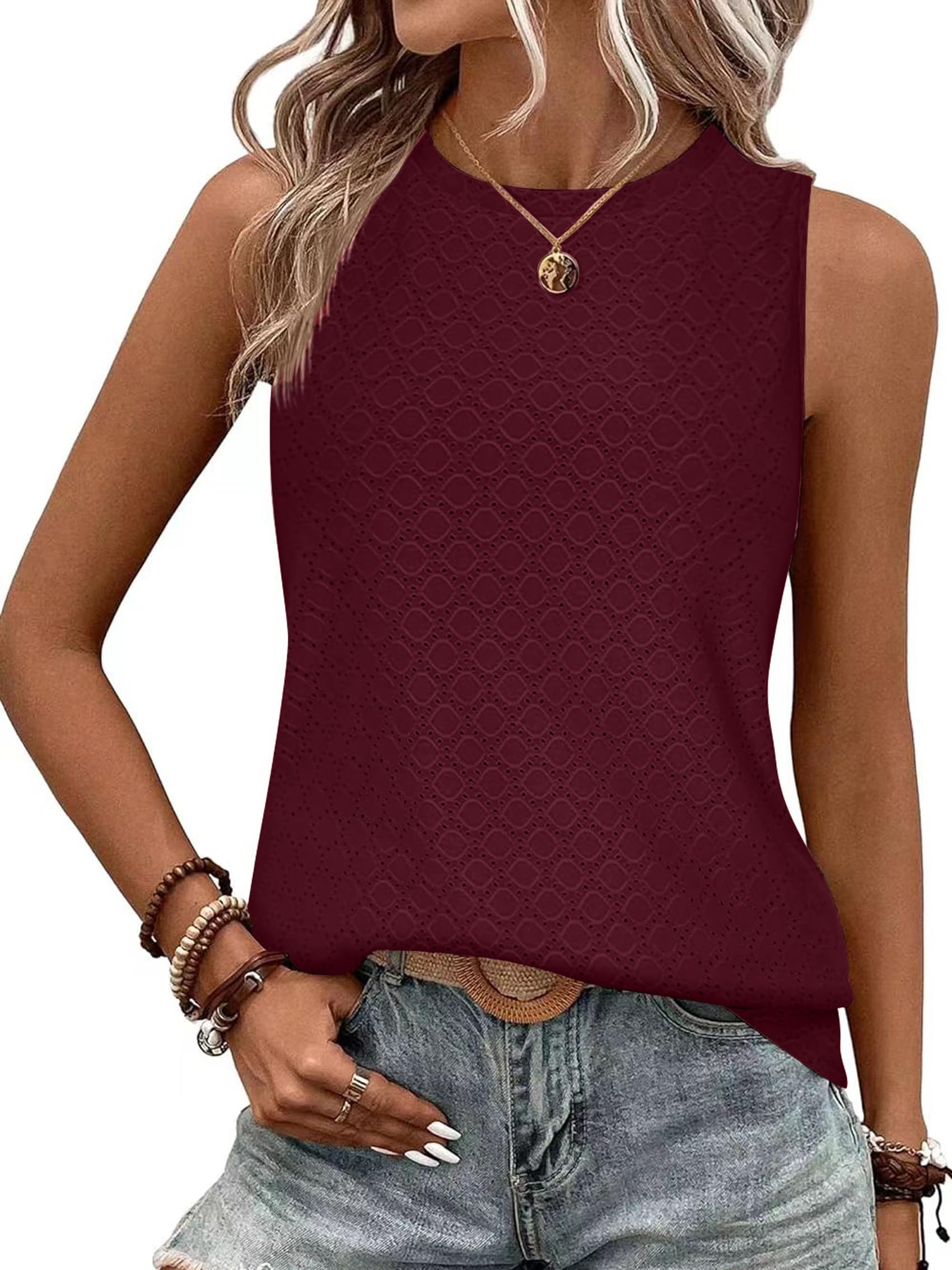 BAISHENGGT Damen Tank Tops Sommer Rundhals Ärmellos Ausgehöhlt Basic T Shirt Oberteile