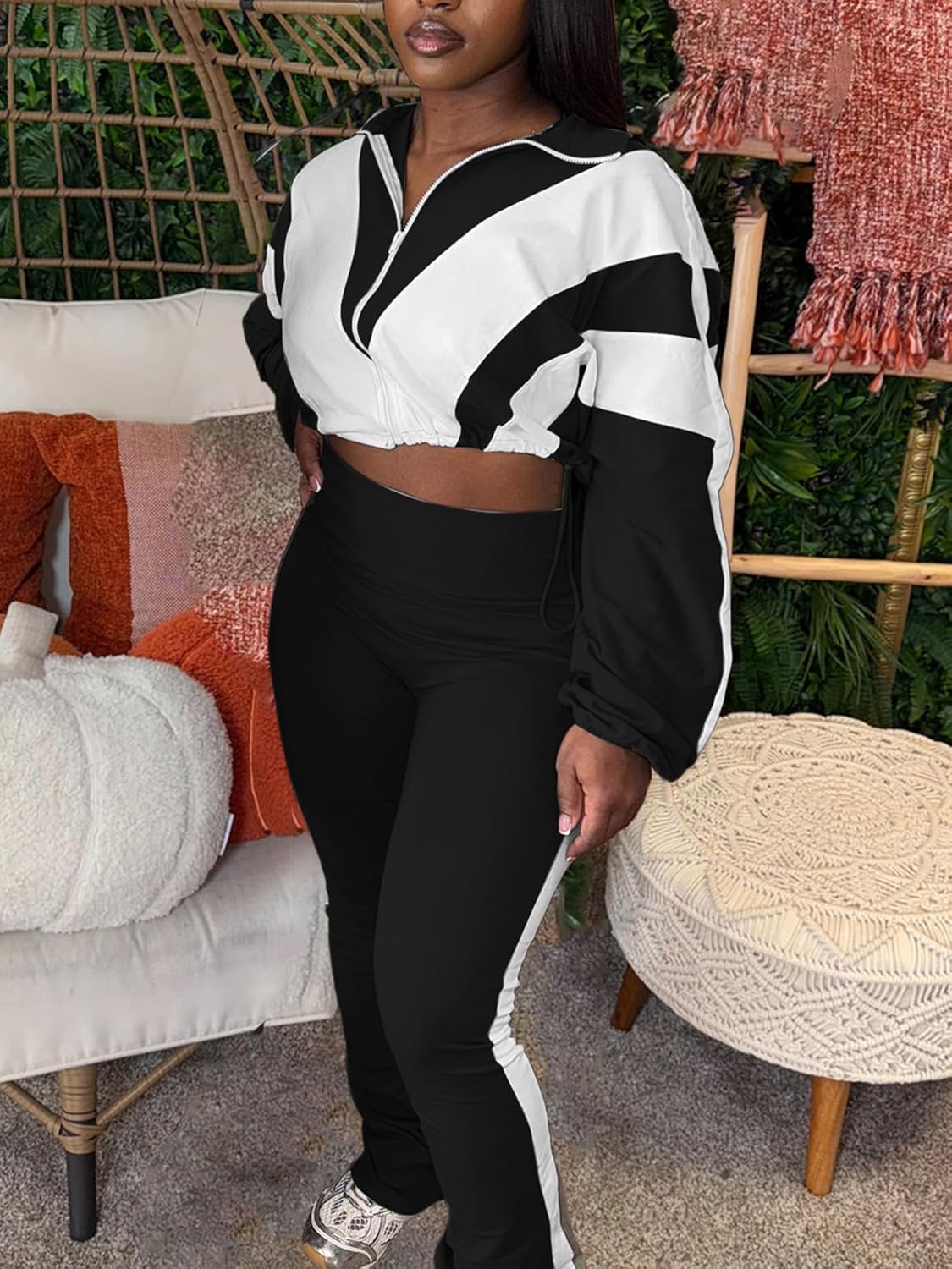 Women 2 Piece Outfit Long Sleeve Zip Up Crop Jacket High Waist Stretchy Pants - Image 2