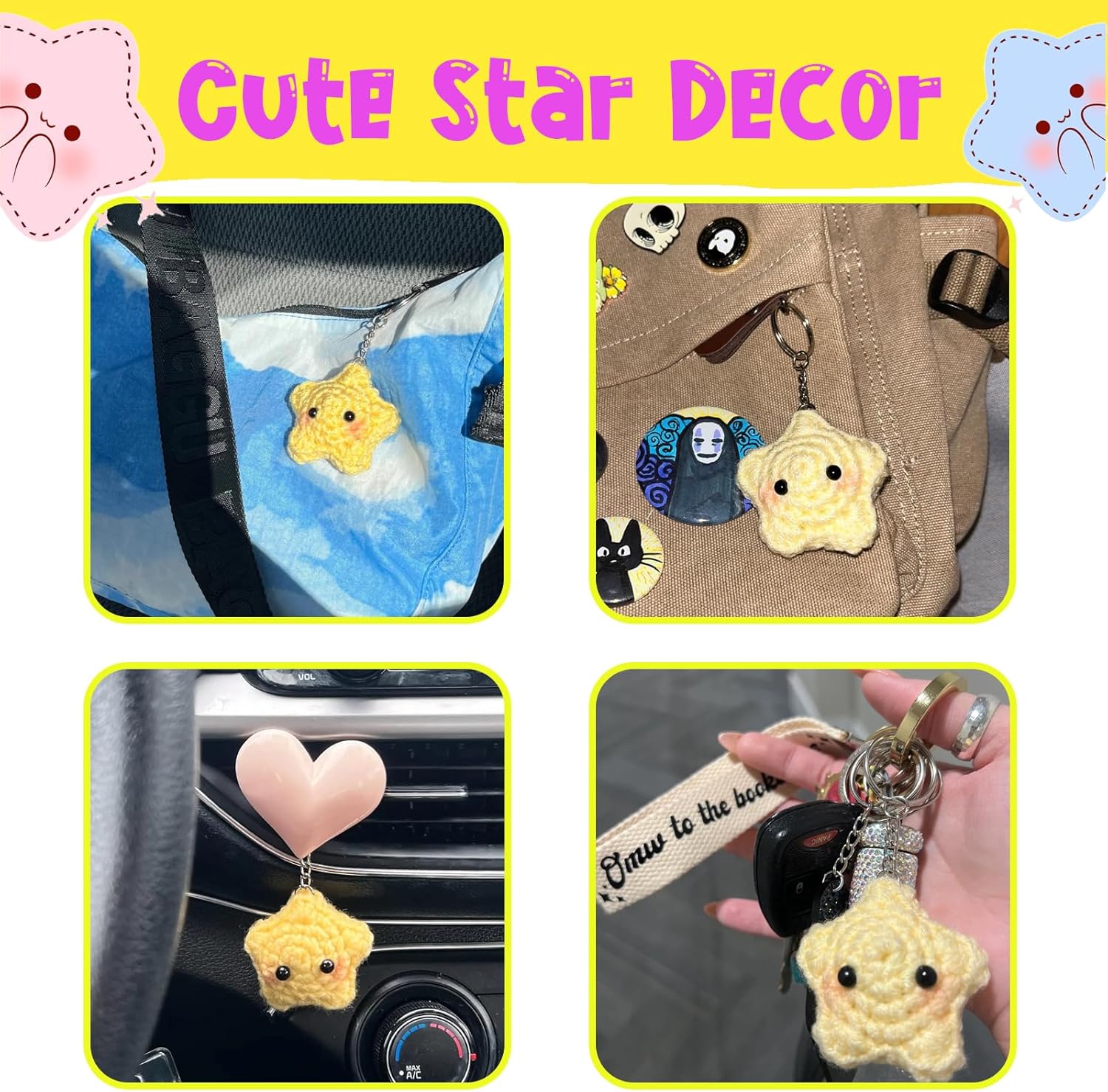 Agromusk Cute Star Keychain,Crochet Kawaii Blush Stars for Car Key Decor,Handmade Purse Bag Charms Key Ring Gifts Women