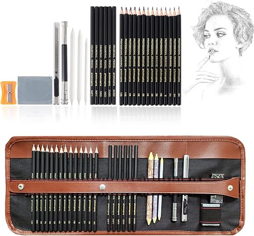 URBANFIX 29 Pieces Professional Sketching &amp; Drawing Art Tool Kit with Graphite Pencils, Charcoal Pencils, Paper Erasable P...