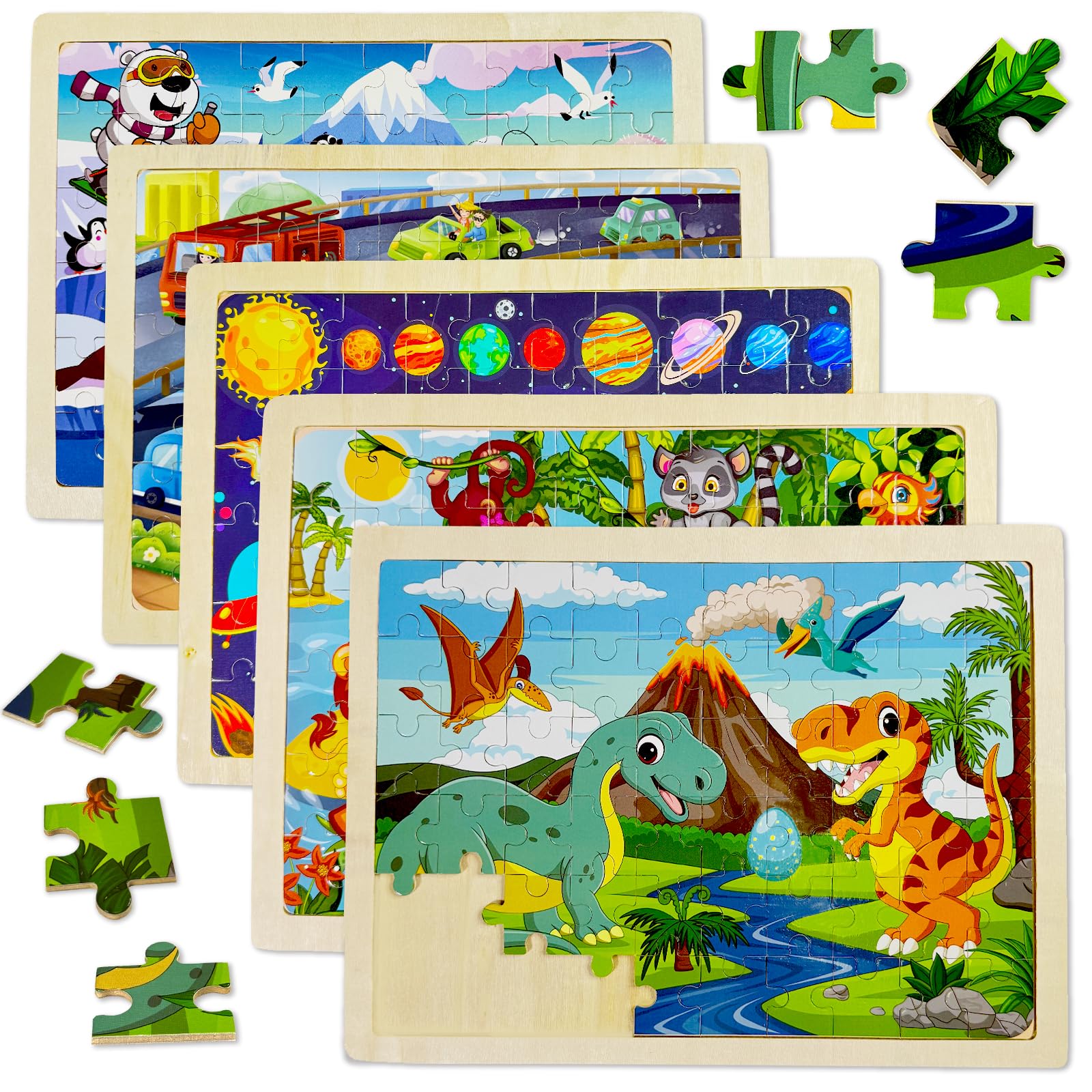 Kulveanju Wooden Jigsaw Puzzles for Kids, 5 Packs 60 Piece Childrens Jigsaws Age 3-4, Montessori Wooden Toys Dinosaurs