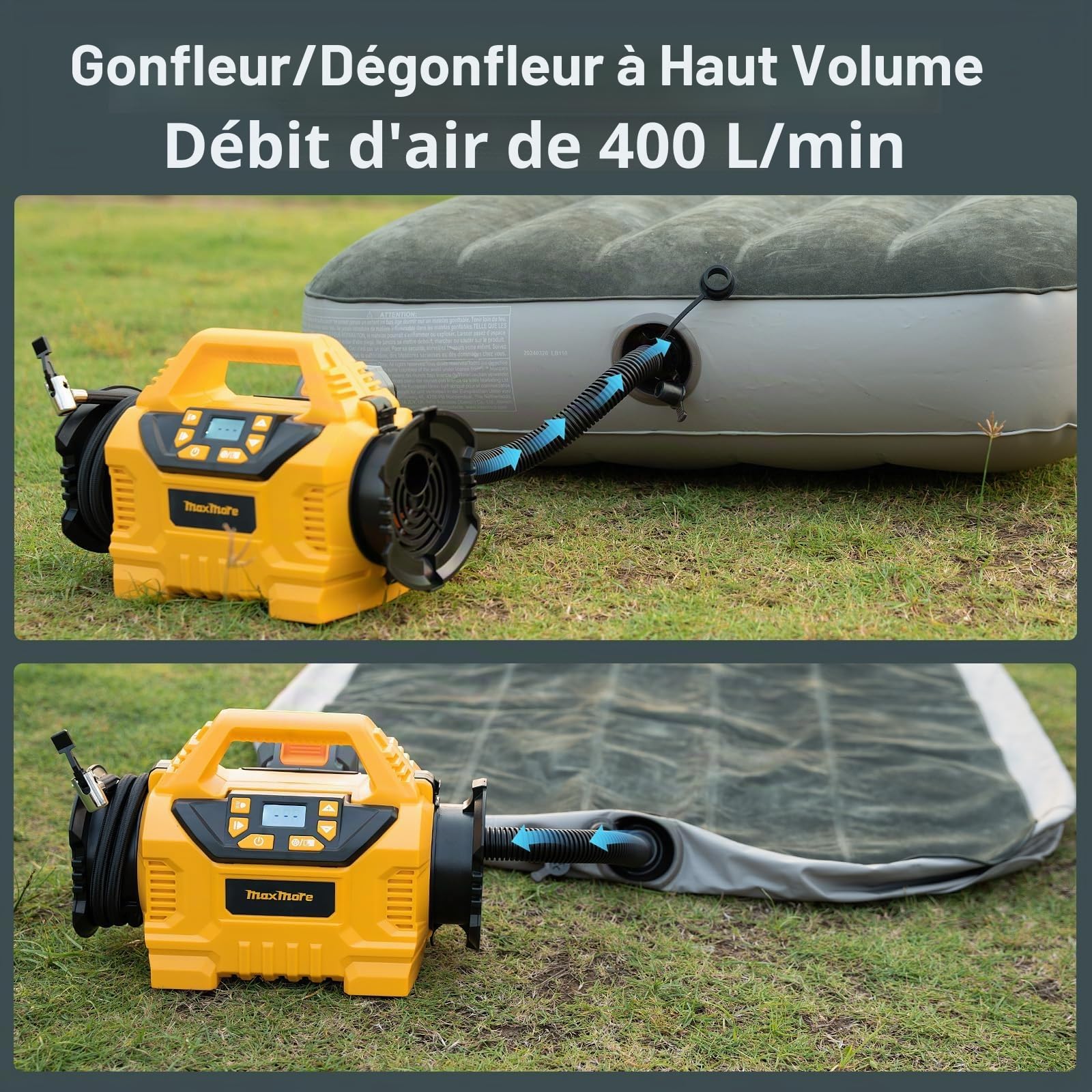 MaxMore Gonfleur de pneu portable compatible avec batterie DeWalt 20 V (outil uniquement), pompe à compresseur d'air sans fil haute pression 160 psi, jauge numérique, arrêt automatique, lumière LED
