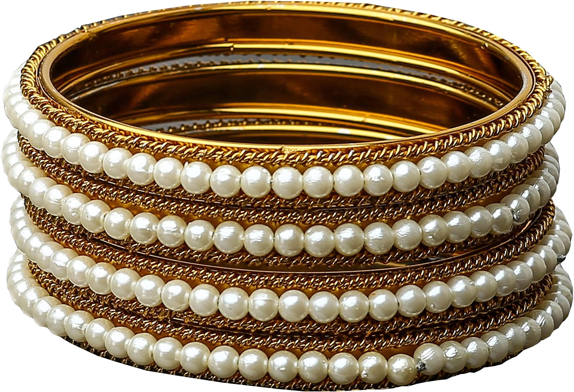 Rijoli Charming Alloy Metal Shell Pearl Crystal Stone Bangle set for Women and Girl (Pack of 04) (White-2.6)
