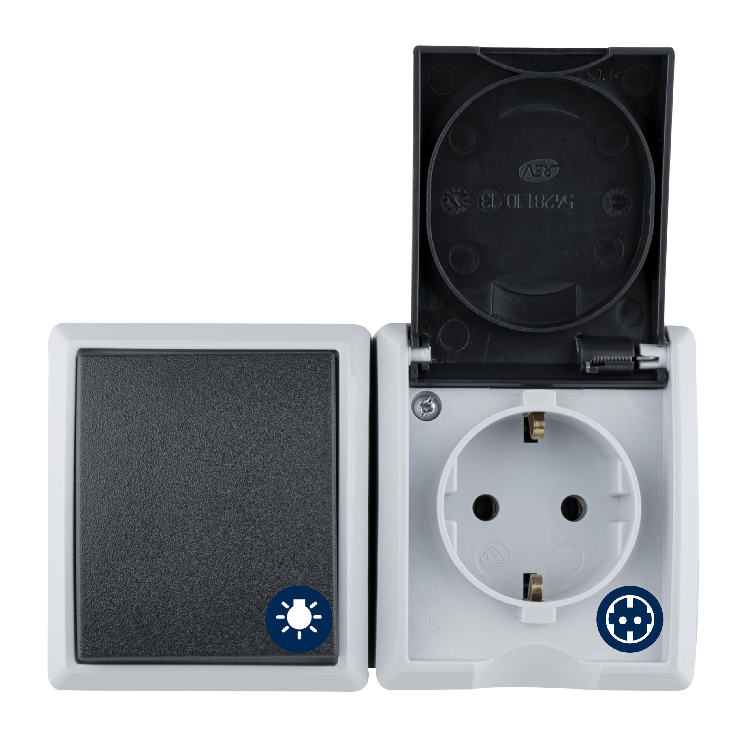 Rev Ritter 0510231777, Presa elettrica con interruttore deviatore, IP44, montaggio soprapiano