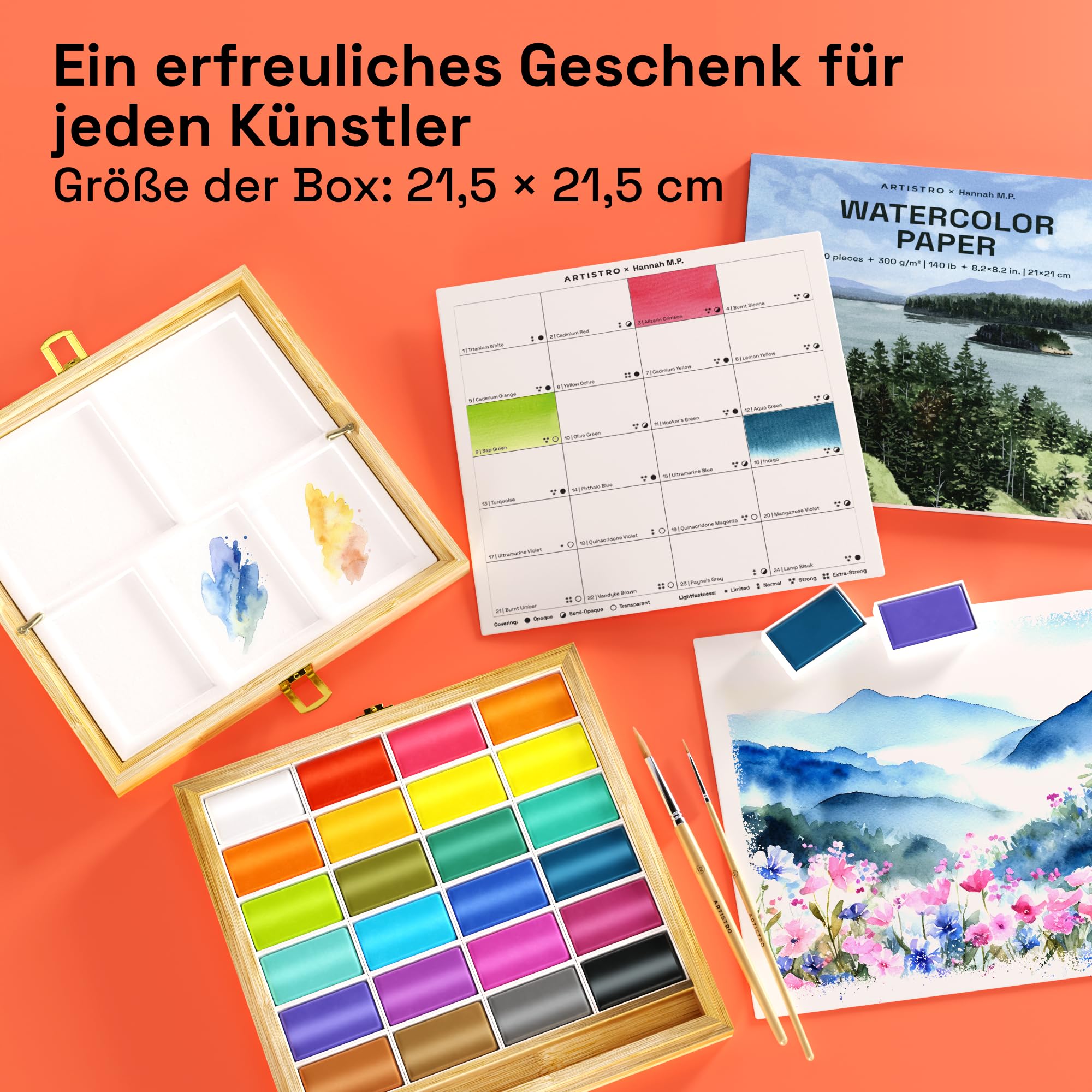 Artistro x HANNAH M.P Aquarellfarben-Set, limitierte Auflage, 24 Farben in Bambus-Holzbox (6 ml XL-Pfannen) – 2 Pinsel, Aquarellpapier, Mischtablett – Reise-Aquarell-Set für Anfänger und Profis