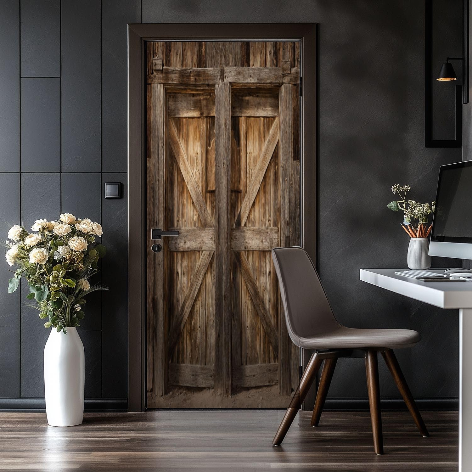 Door Stickers Peel and Stick Door Decal Rustic Wooden Barn Doors Weathered Planks Vintage Farmhouse Removable Mural Wallpaper 30.3''x78.7'' Wall Murals for Kitchen Living Room Bedroom