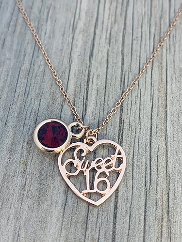 Miniatura 2 de Collar Sweet 16 de oro rosa con dije de piedra natal, colgante de corazón, regalo de joyería de cumpleaños para adolescentes, hija, sobrina, nieta o