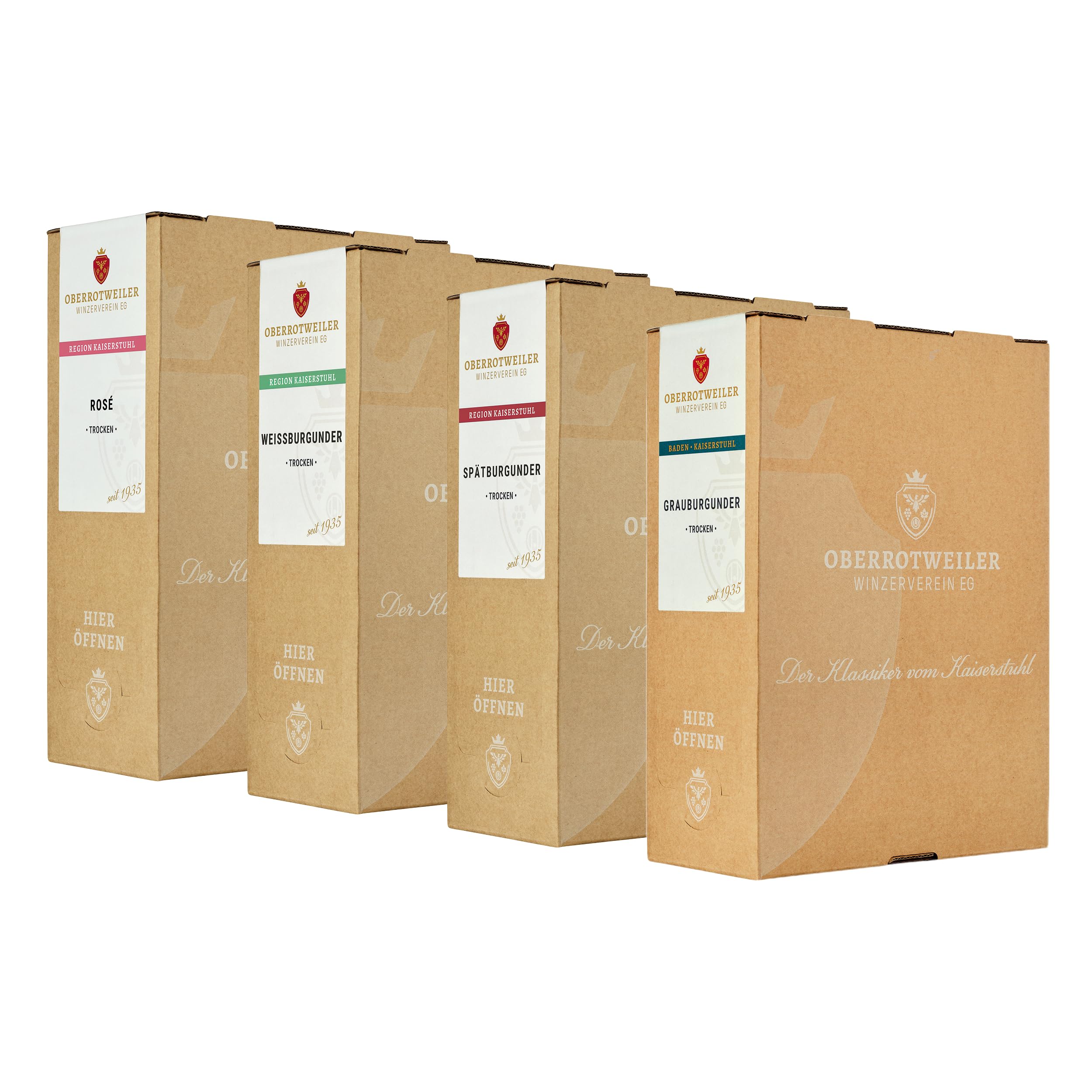 Oberrotweiler Wein-Paket - Grauburgunder, Weißburgunder, Rosé & Spätburgunder trocken - fruchtig, frisch & ausdrucksstark - ideal für Gartenparty, Alltag & Camping (4 x 3,0 l)