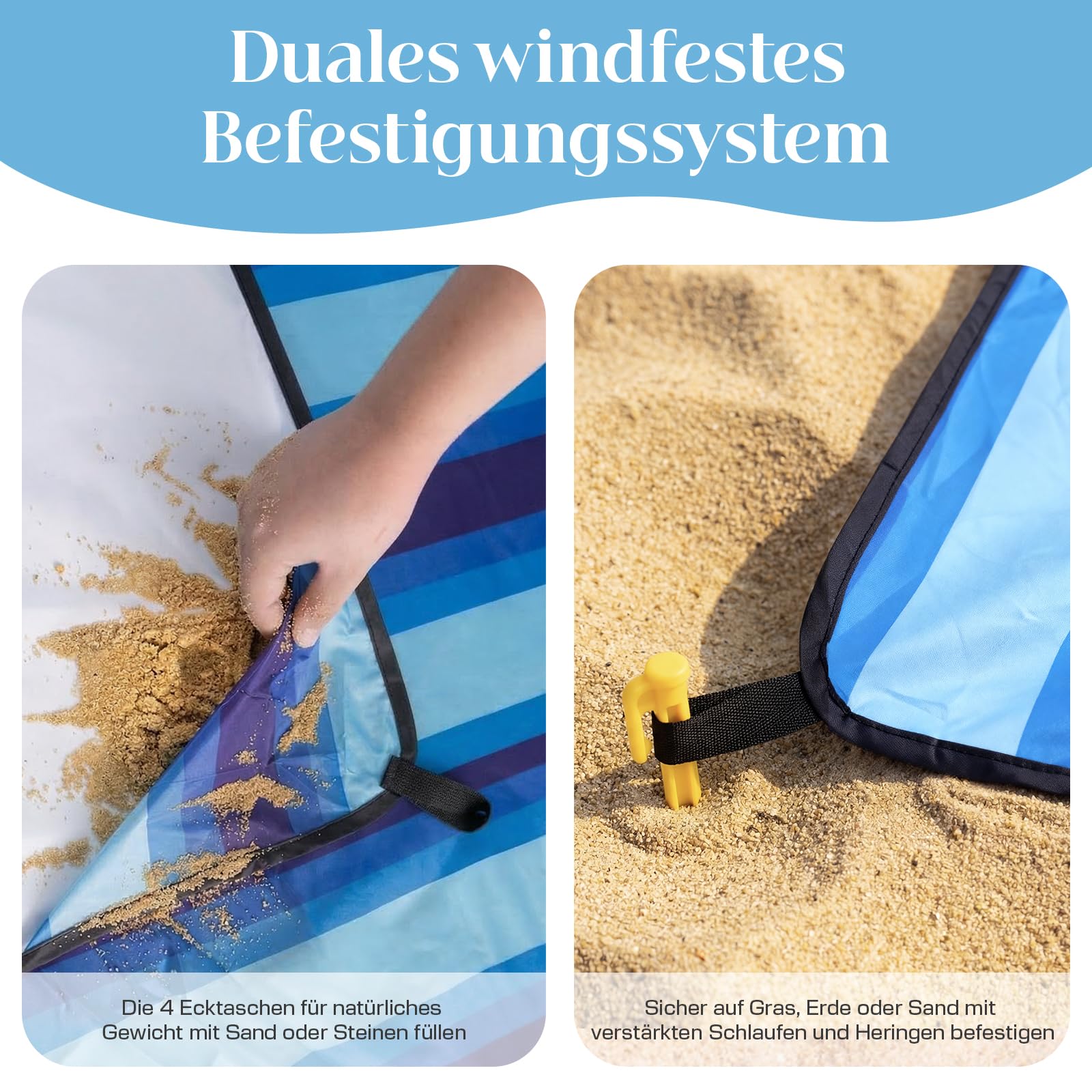 Picknickdecke XXL Wasserdicht Faltbar 304 x 304 cm, Sandfest Beachdecke Kompakt Waschbar Picknickmatte mit Karabiner& 6 Heringe, für Beach, Camping, Garten, Wandern, Blaue Streifen