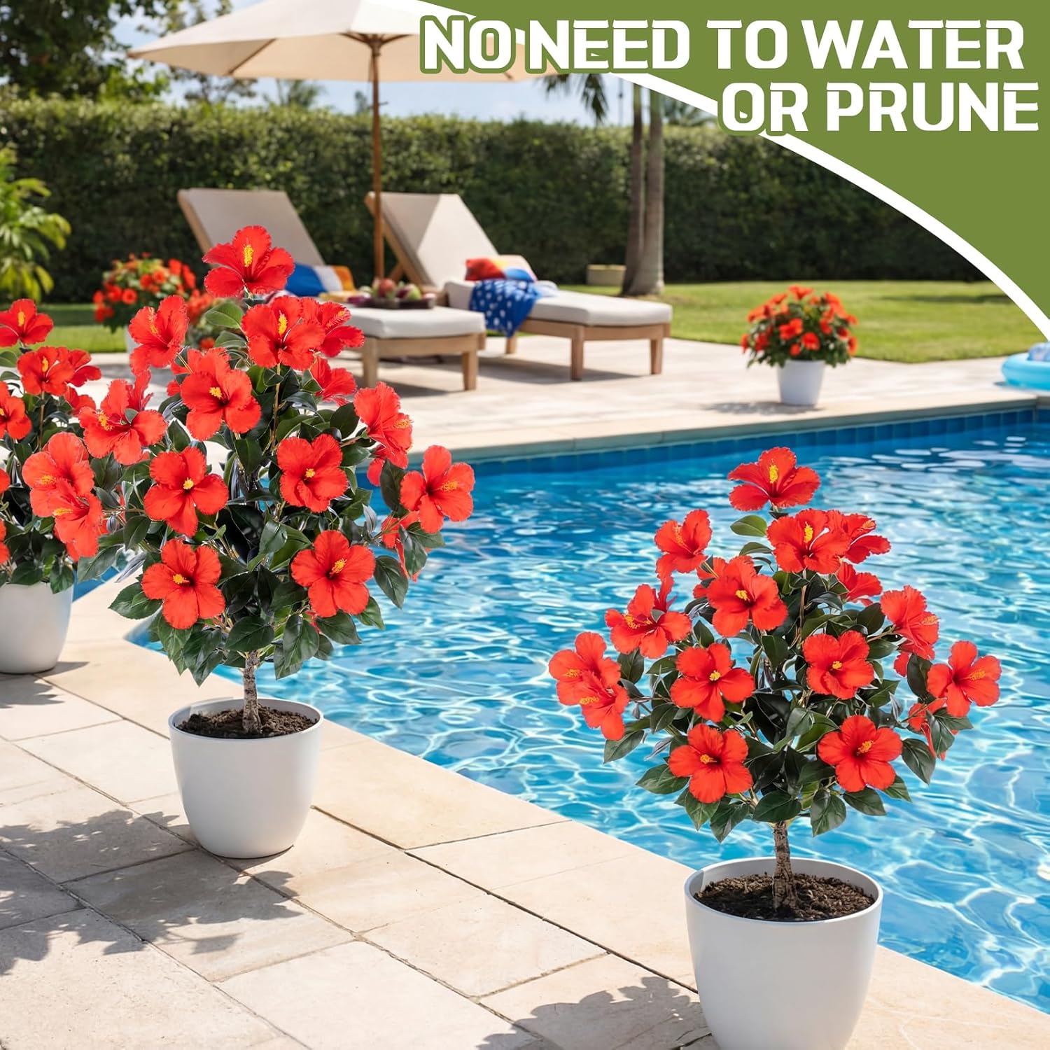 2 Pack 36" Artificial Hibiscus Tree Plants 3ft Faux Hibiscus Flowers with Spike UV Resistant Fake Floral Blooming Bush for Indoor Outdoor Front Door Porch Backyard Garden(Red)