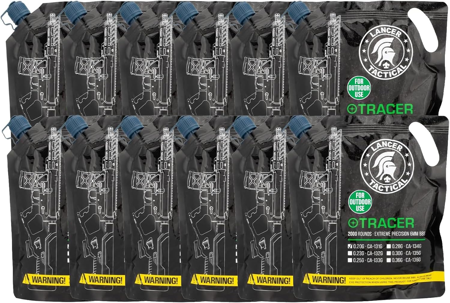 Lancer Tactical Airsoft Outdoor 6mm Tracer BBS 2000rds Green 0.20g-0.28g for Airsoft High FPS Performance-Outdoor Field Compliant(0.20g) - 12 Pack