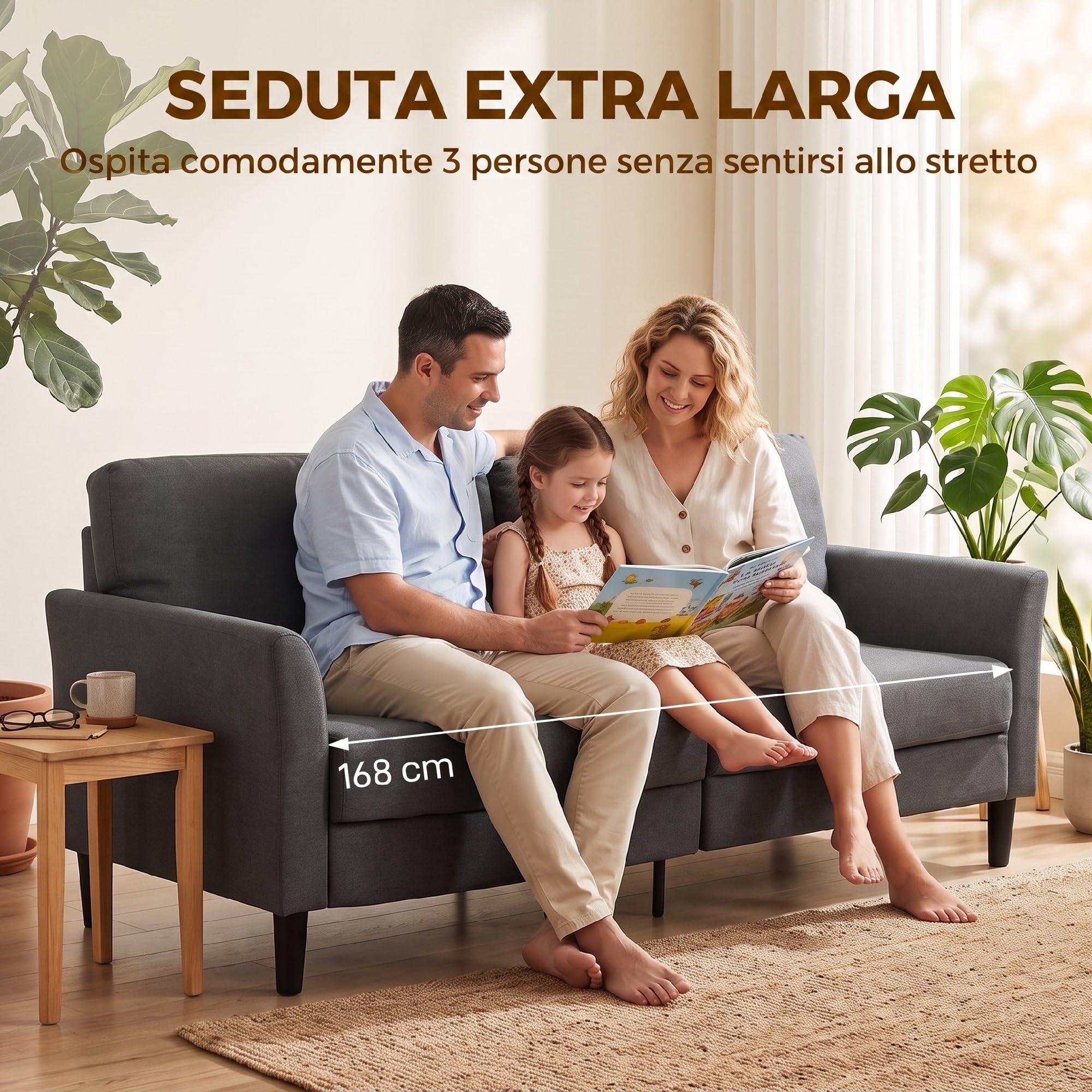 HOMCOM Divano 3 Posti Stile Contemporaneo in Tessuto Effetto Lino, Divanetto da Salotto con Braccioli e Imbottitura Spessa, Sofà con Gambe in Legno di Caucciù per Soggiorno e Ufficio, Grigio Scuro